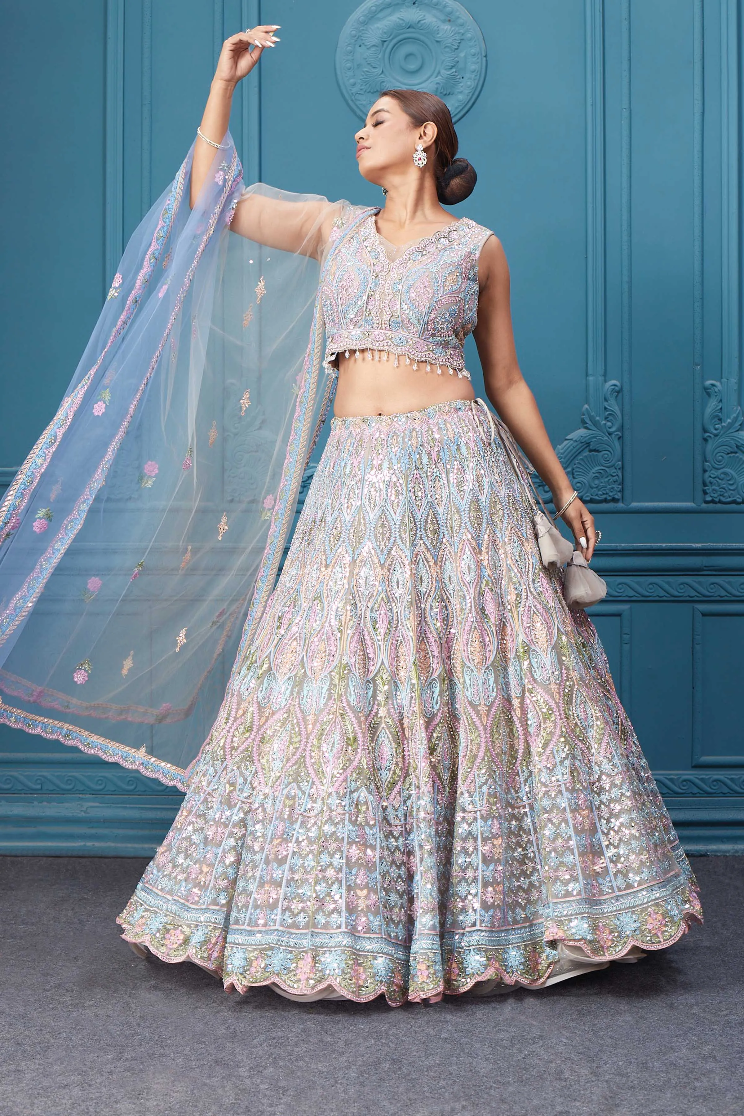 310049 Light Blue & Pink Heavy Embroidered Lehenga with Dupatta