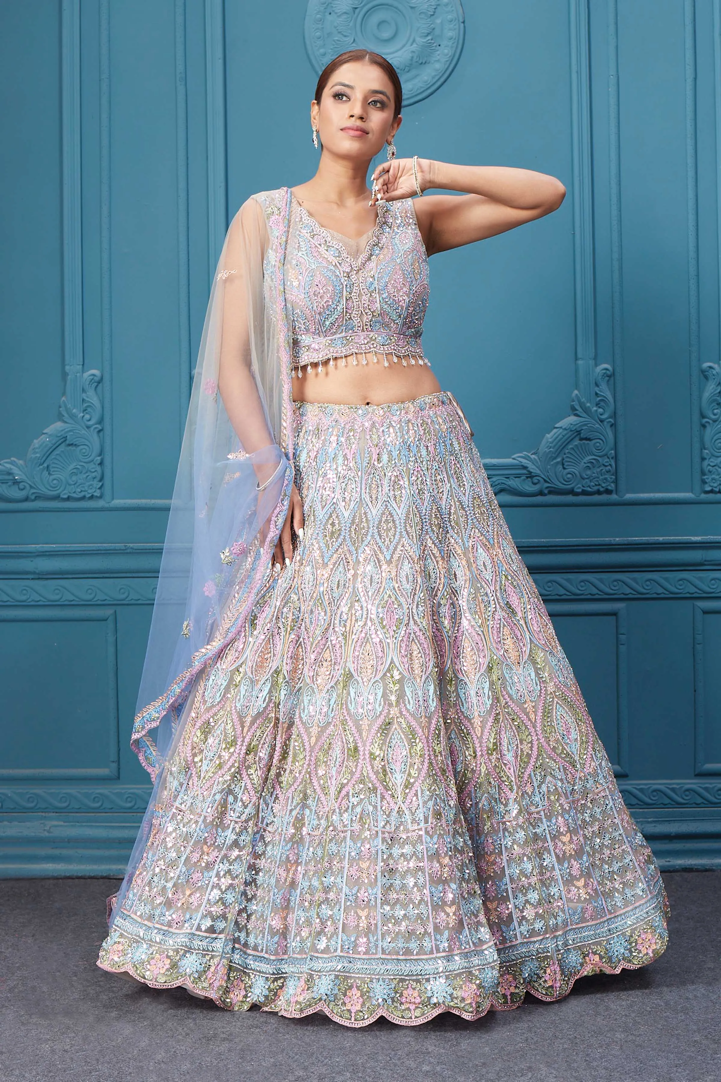 310049 Light Blue & Pink Heavy Embroidered Lehenga with Dupatta