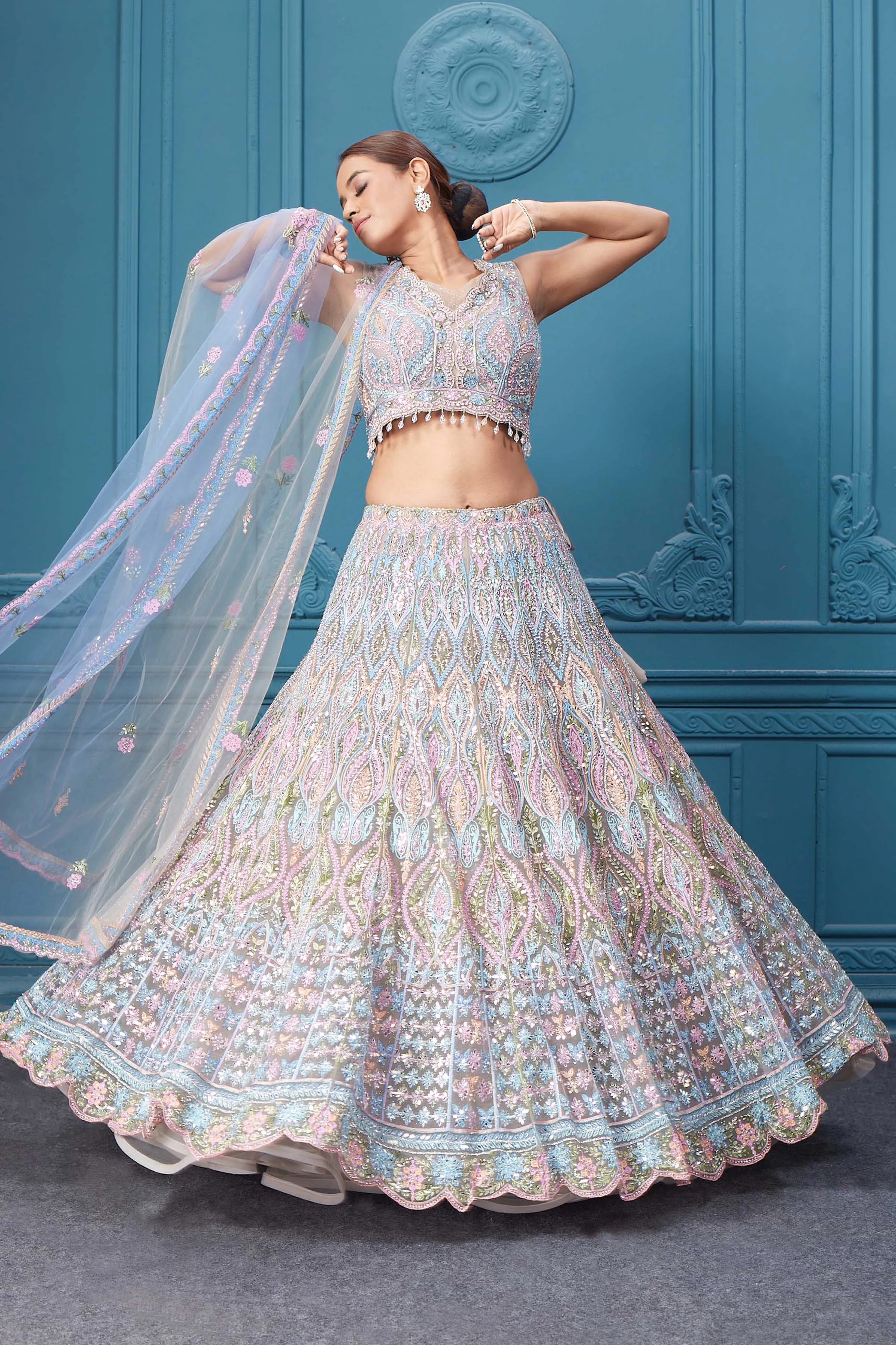 310049 Light Blue & Pink Heavy Embroidered Lehenga with Dupatta