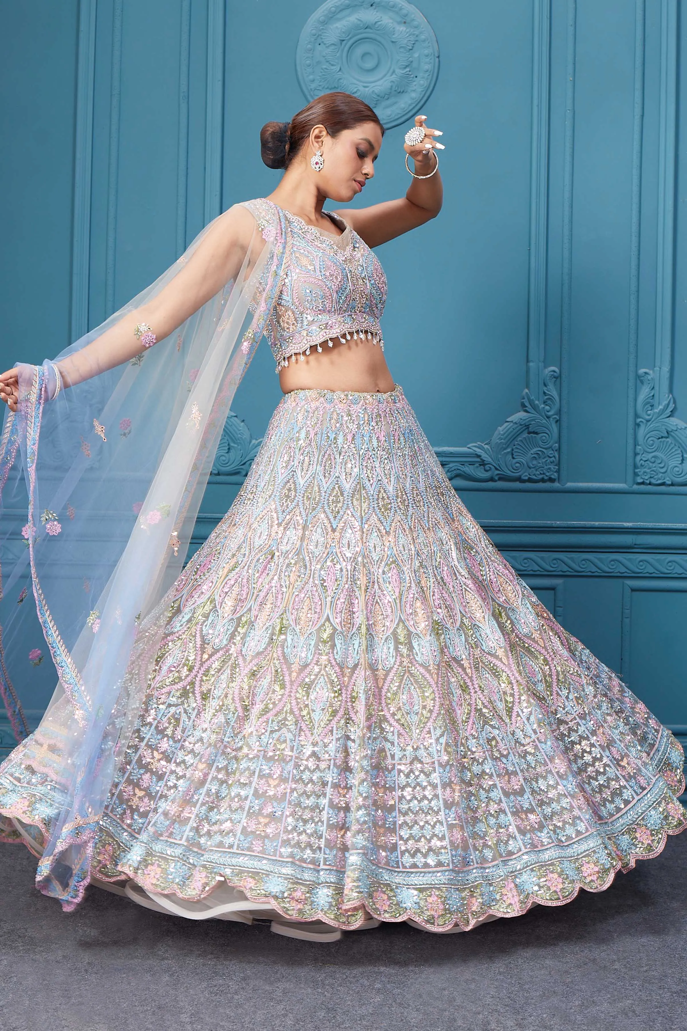 310049 Light Blue & Pink Heavy Embroidered Lehenga with Dupatta