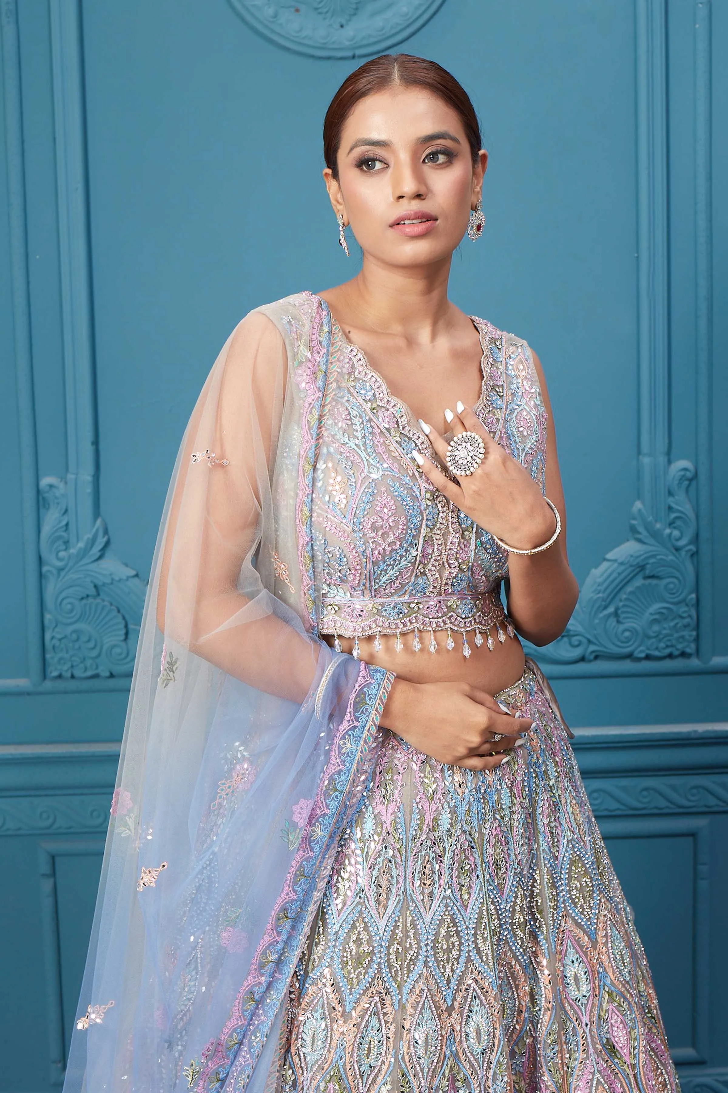 310049 Light Blue & Pink Heavy Embroidered Lehenga with Dupatta