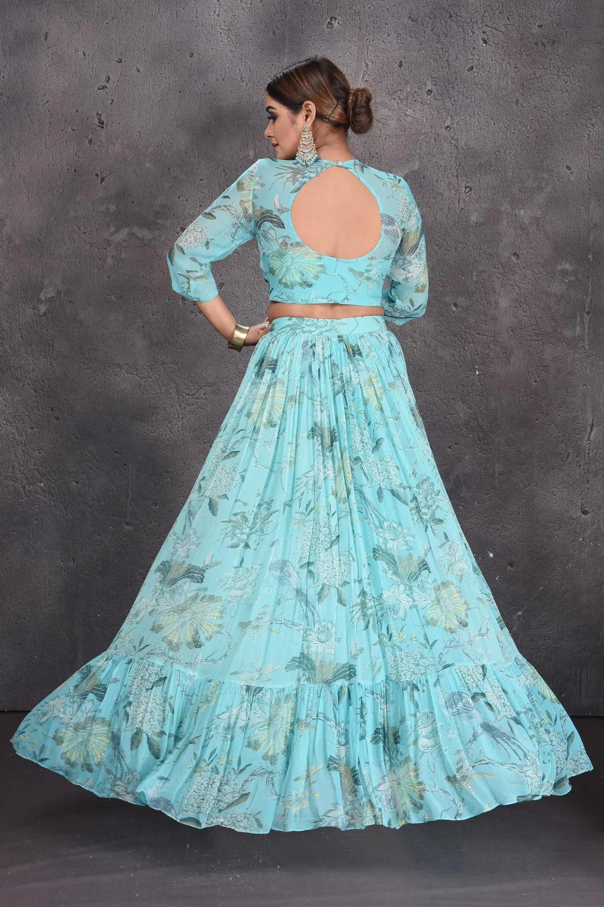 502820 Light Blue Floral Print Lehenga with Dupatta