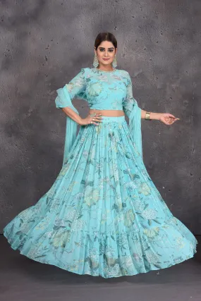 502820 Light Blue Floral Print Lehenga with Dupatta