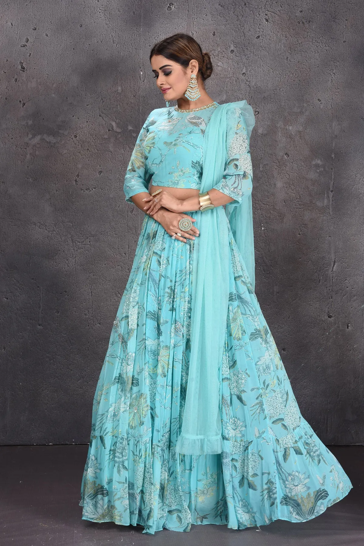 502820 Light Blue Floral Print Lehenga with Dupatta