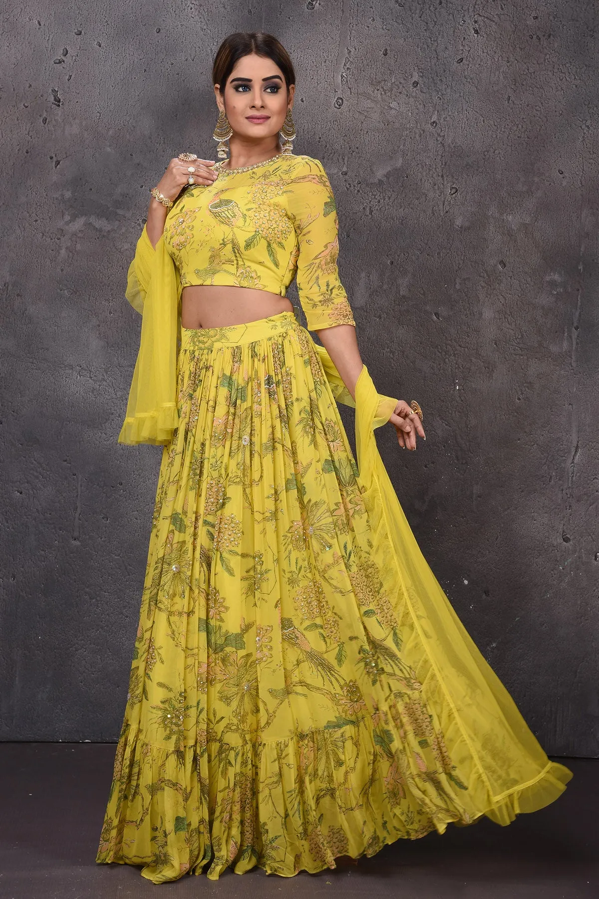 502822 Yellow Floral Lehenga with Dupatta