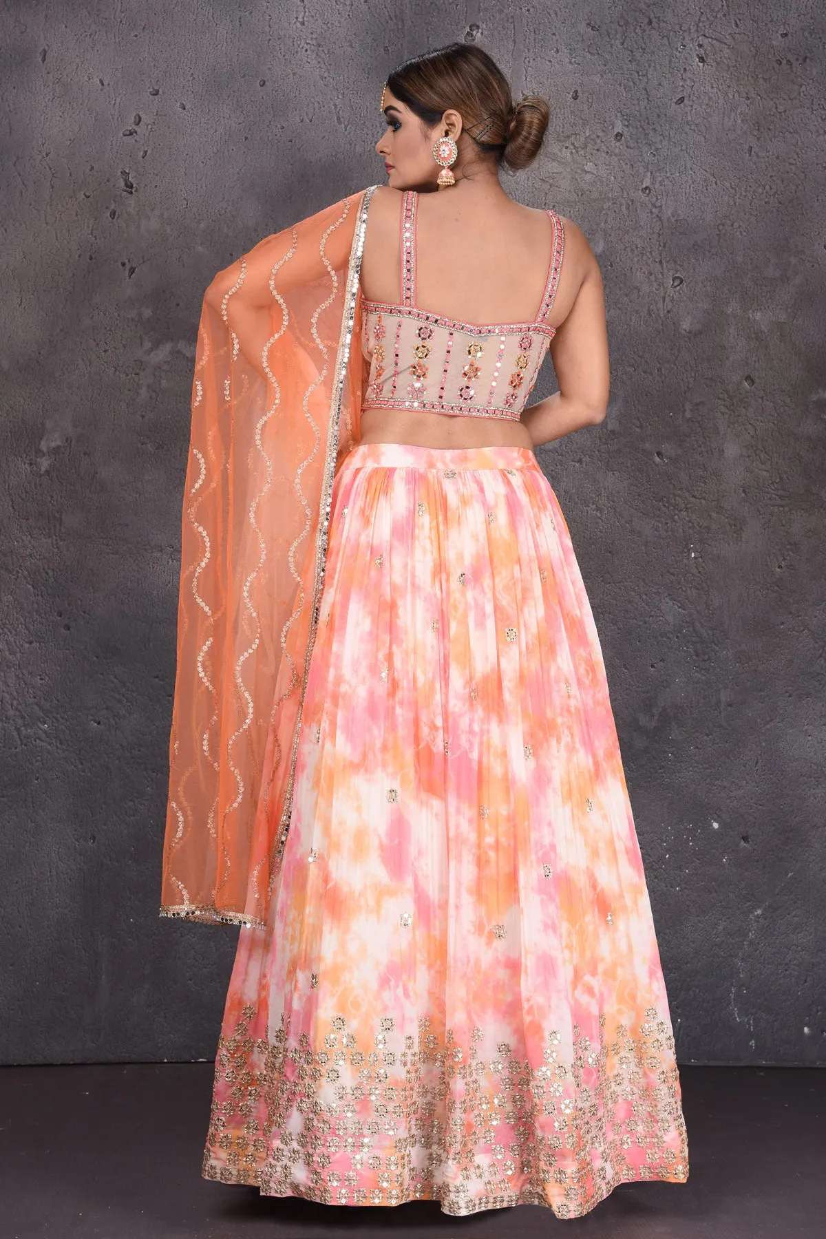 502823 Pink and Orange Tie Dye Mirror Work Lehenga