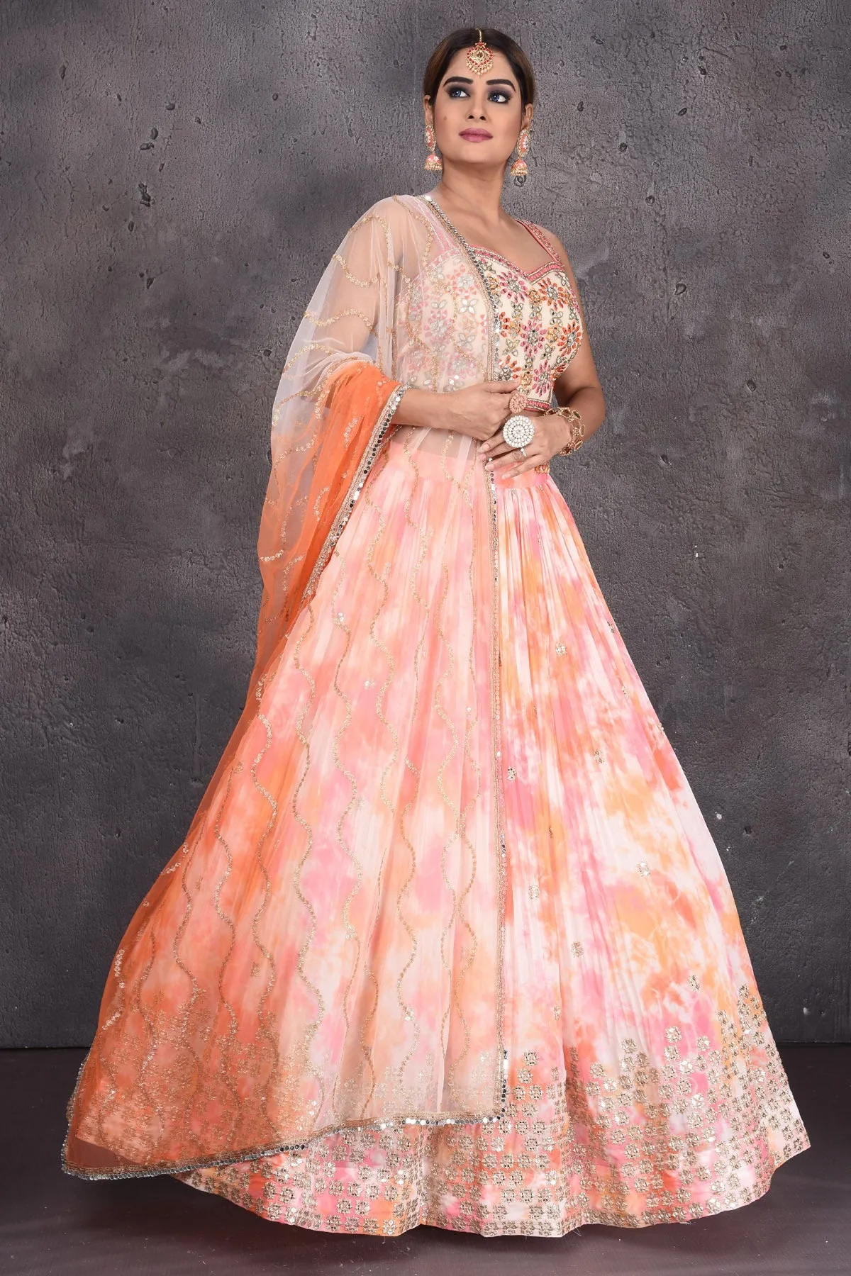 502823 Pink and Orange Tie Dye Mirror Work Lehenga