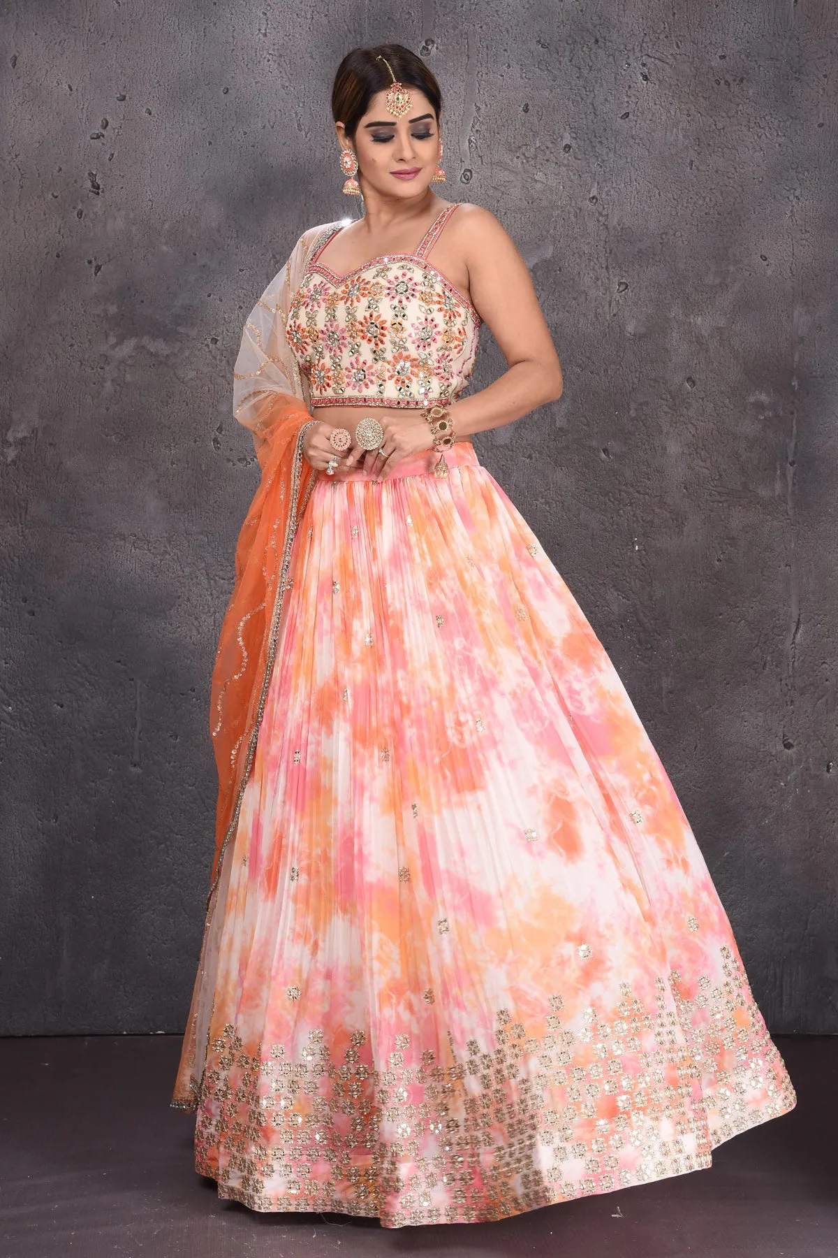 502823 Pink and Orange Tie Dye Mirror Work Lehenga