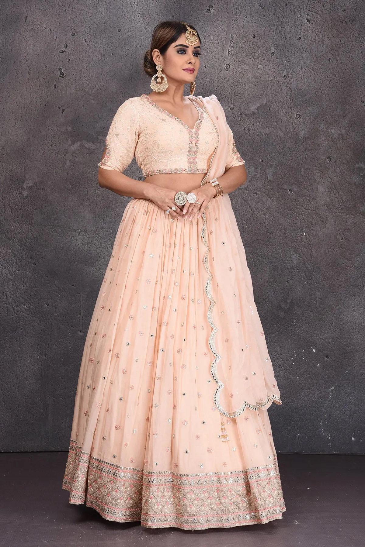 502828 Peach Embroidered Lehenga with Dupatta