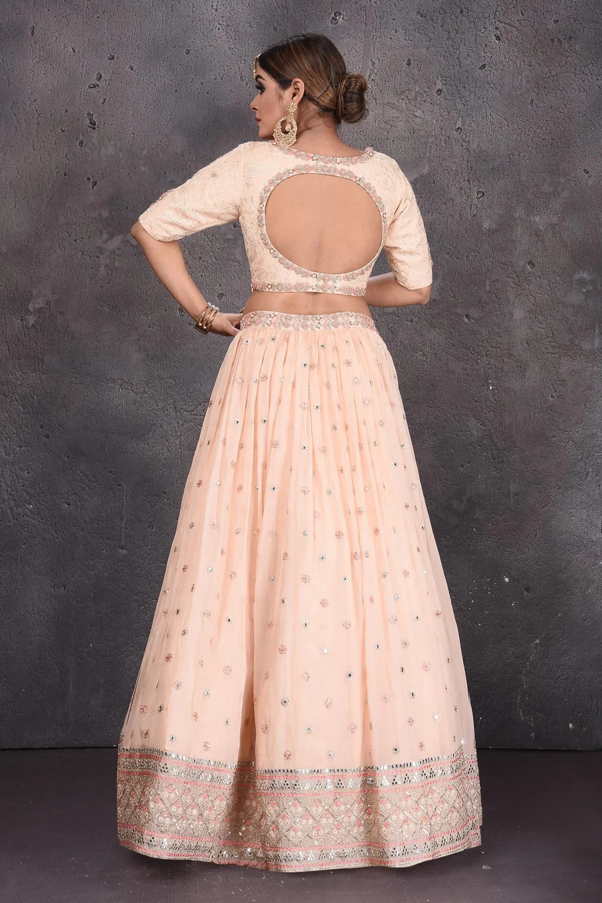 502828 Peach Embroidered Lehenga with Dupatta