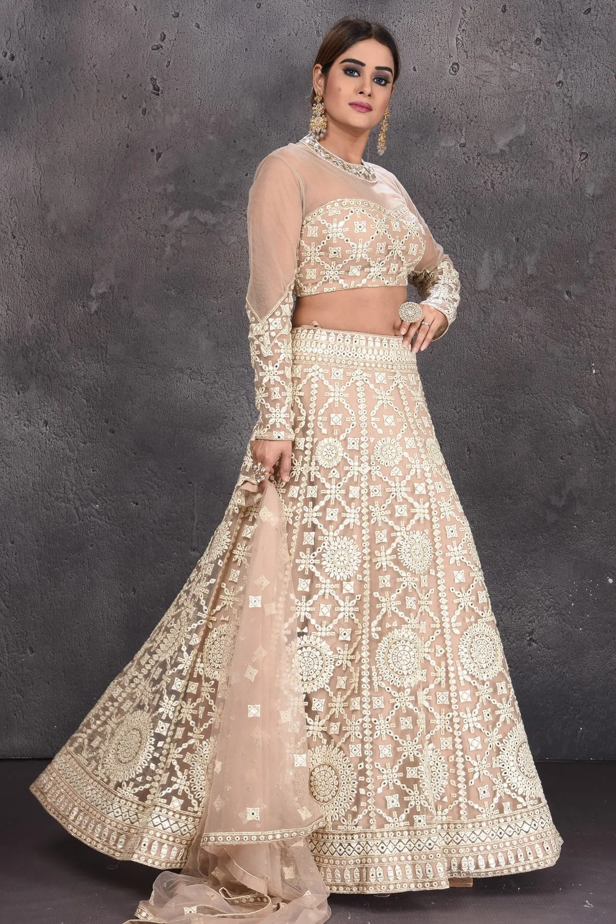 502840 Beige Heavy Embroidery Designer Lehenga with Dupatta