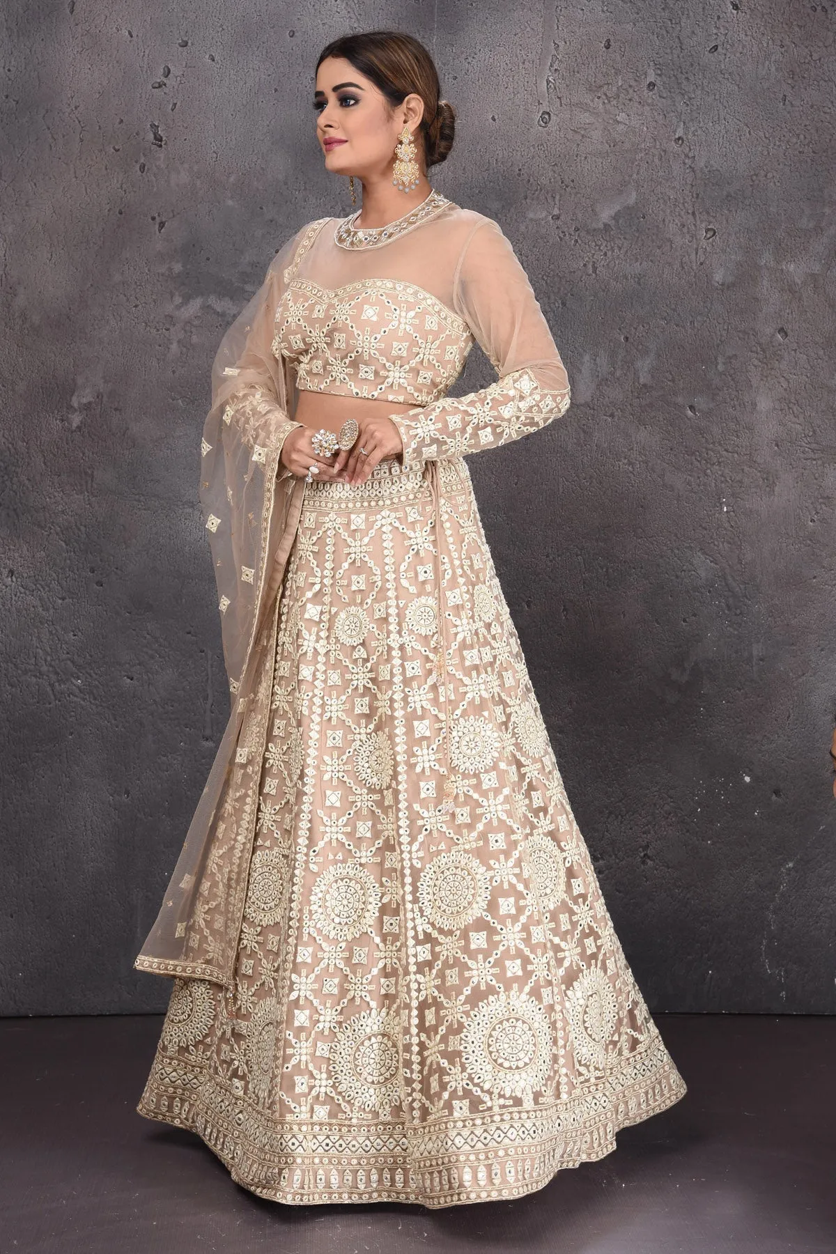 502840 Beige Heavy Embroidery Designer Lehenga with Dupatta