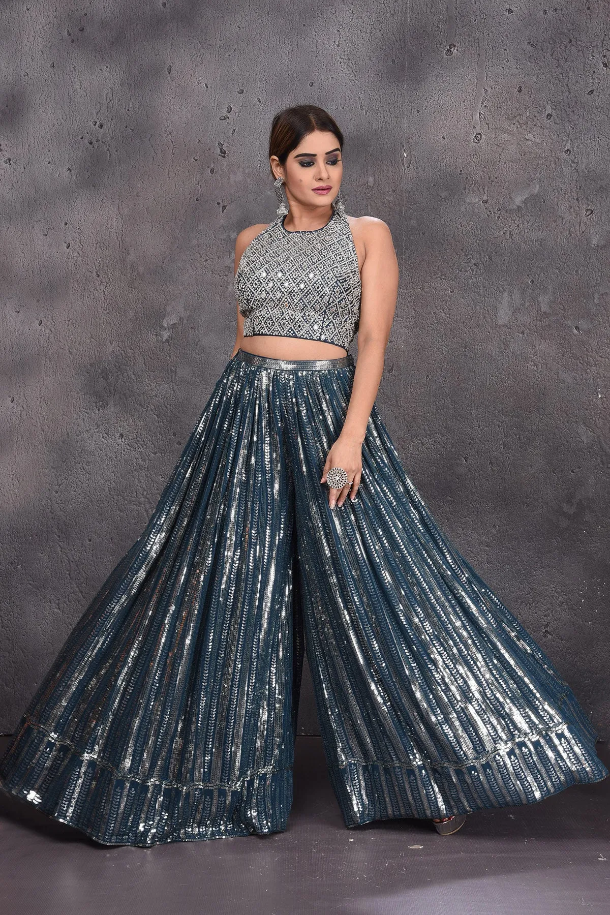 502842 Grey and Blue Embellished Palazzo Set