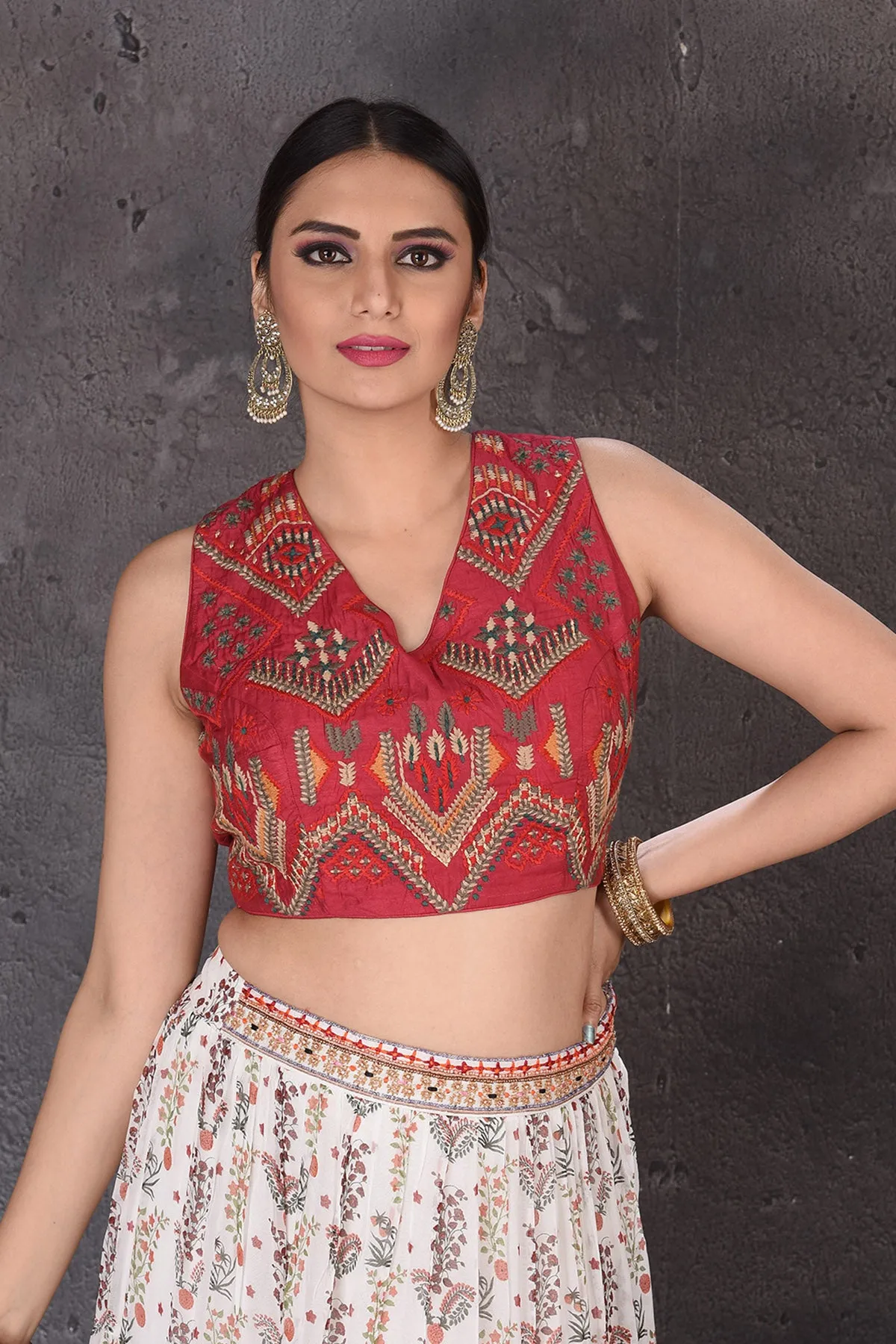 502846 White and Red Embroidered Printed Lehenga with Dupatta