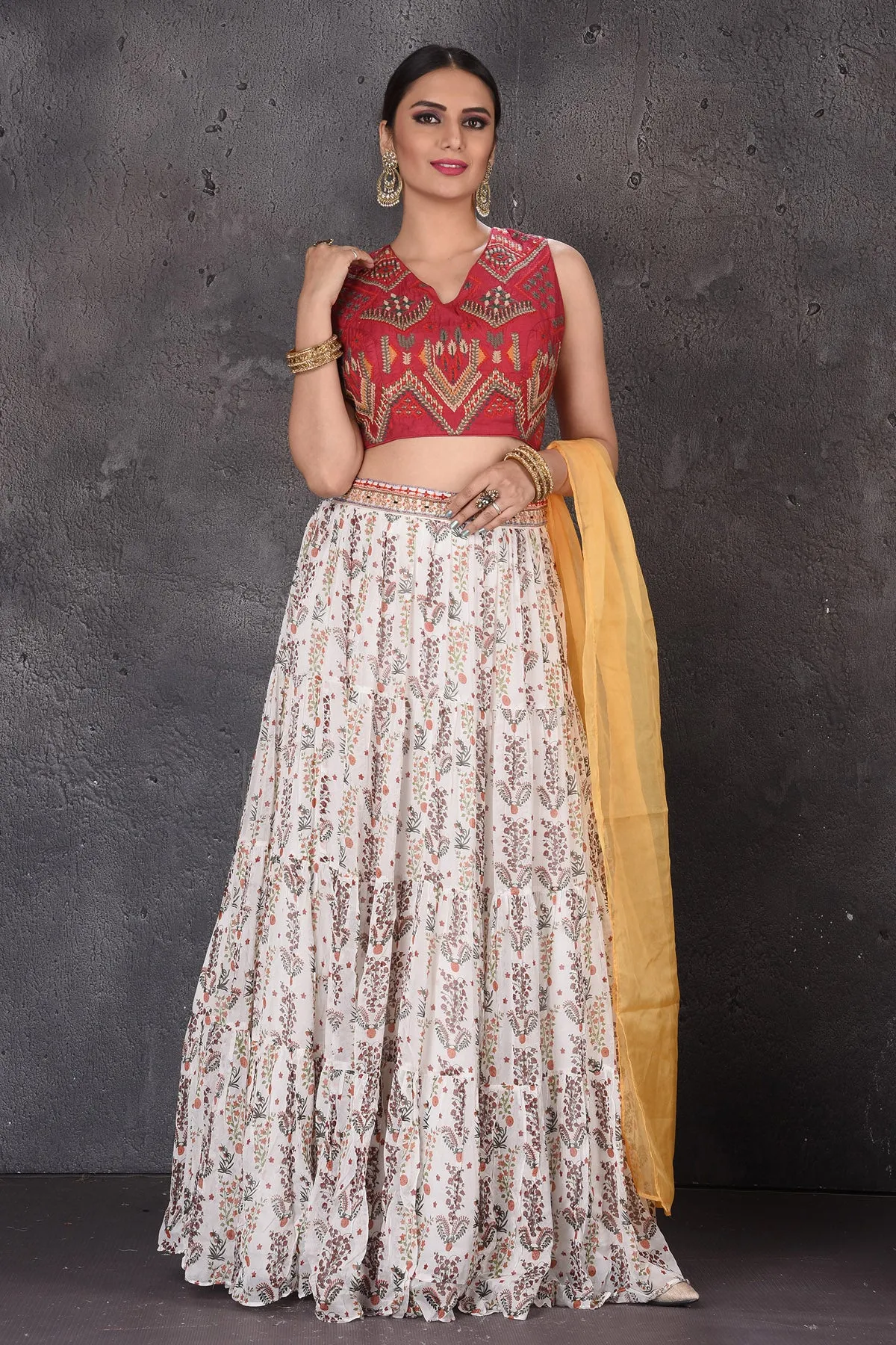 502846 White and Red Embroidered Printed Lehenga with Dupatta