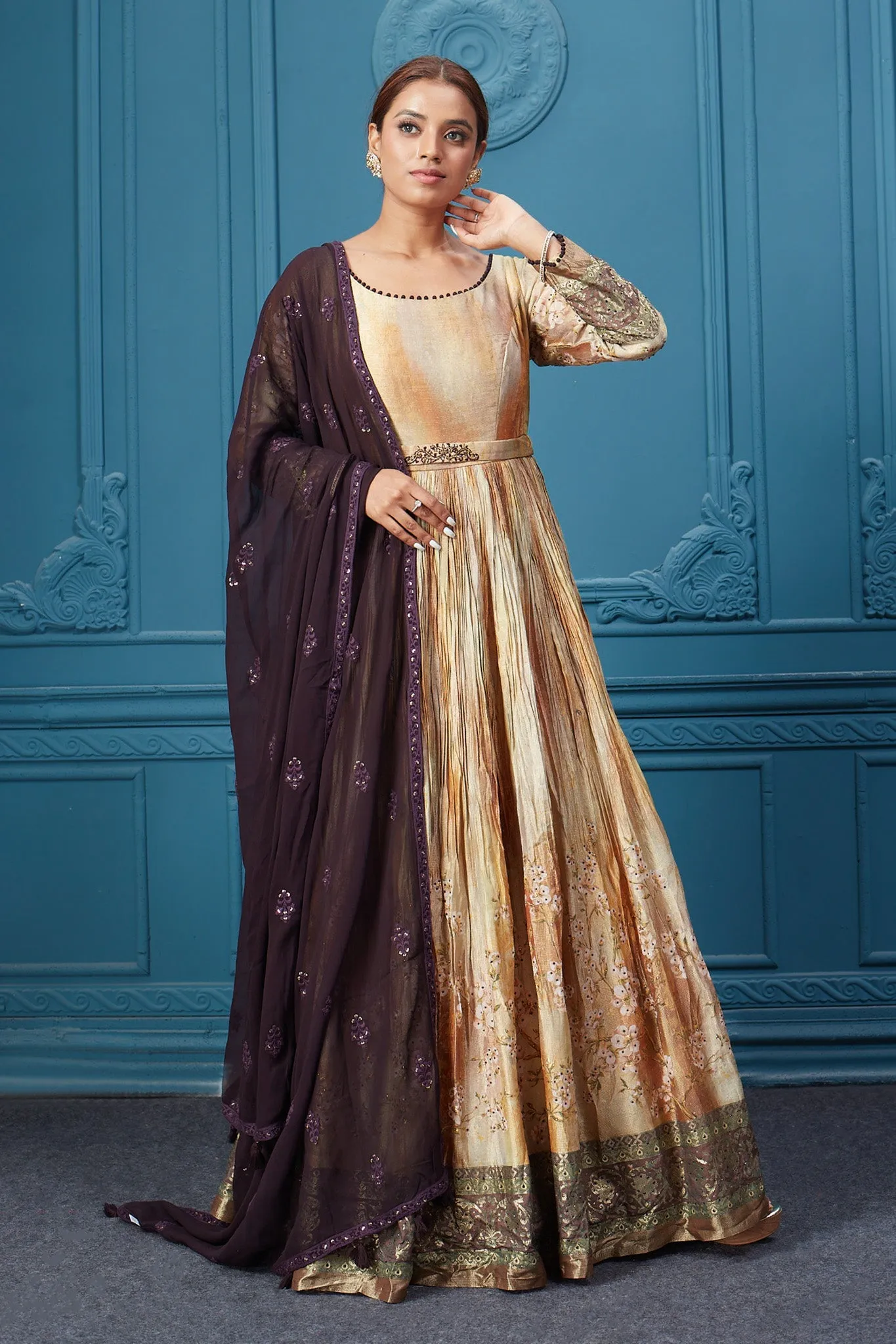 510027 Beige & Brown Anarkali Suit Set