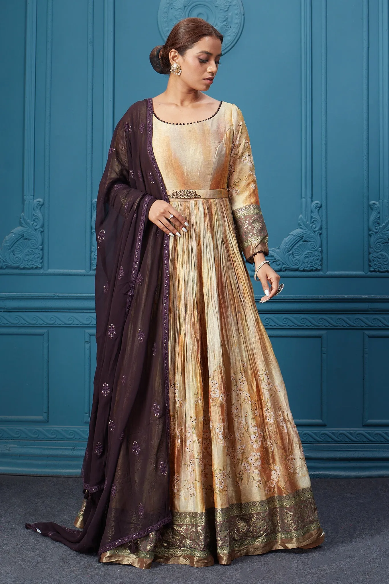 510027 Beige & Brown Anarkali Suit Set