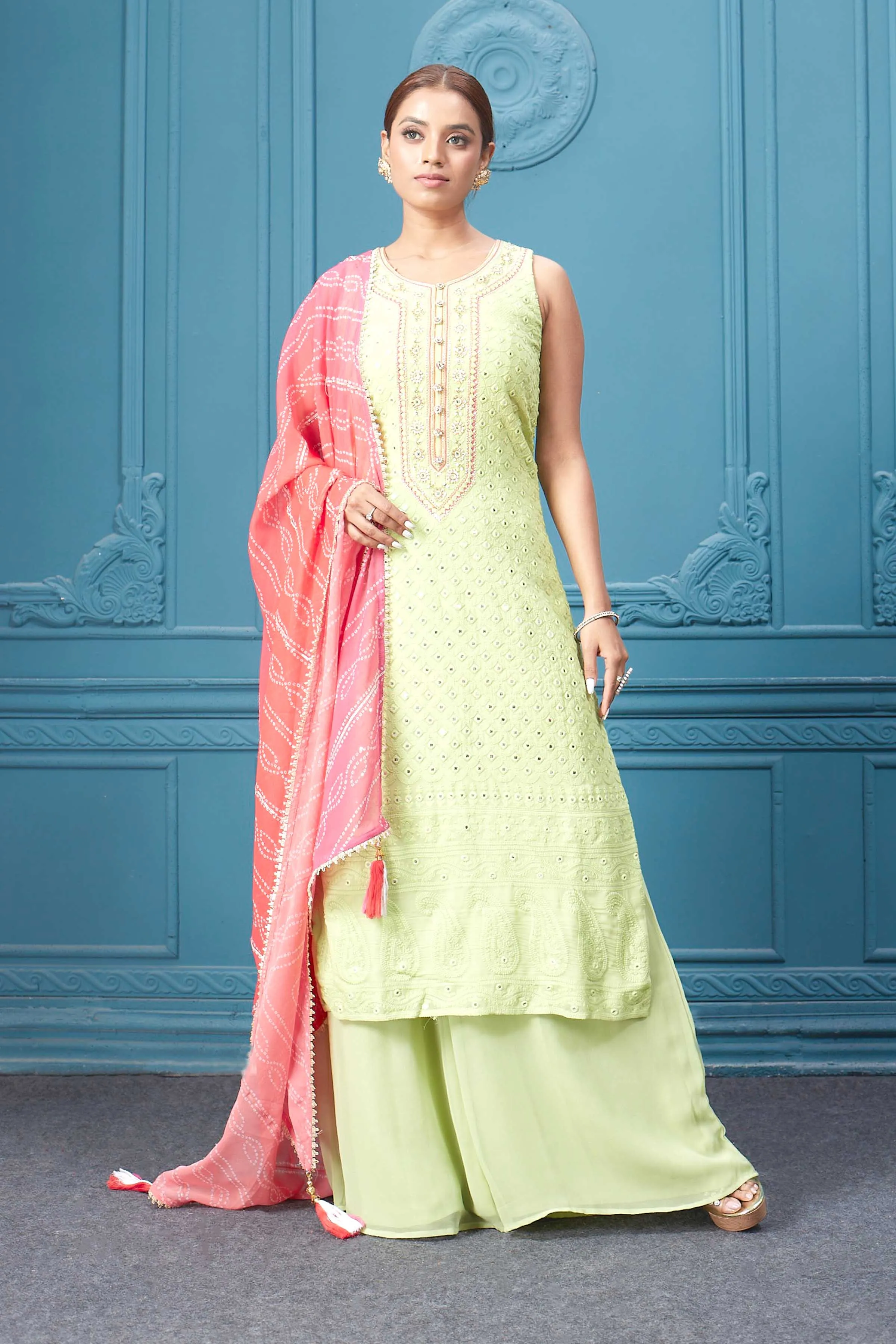 510028 Neon Green Suit Set With Bandhej Red Dupatta