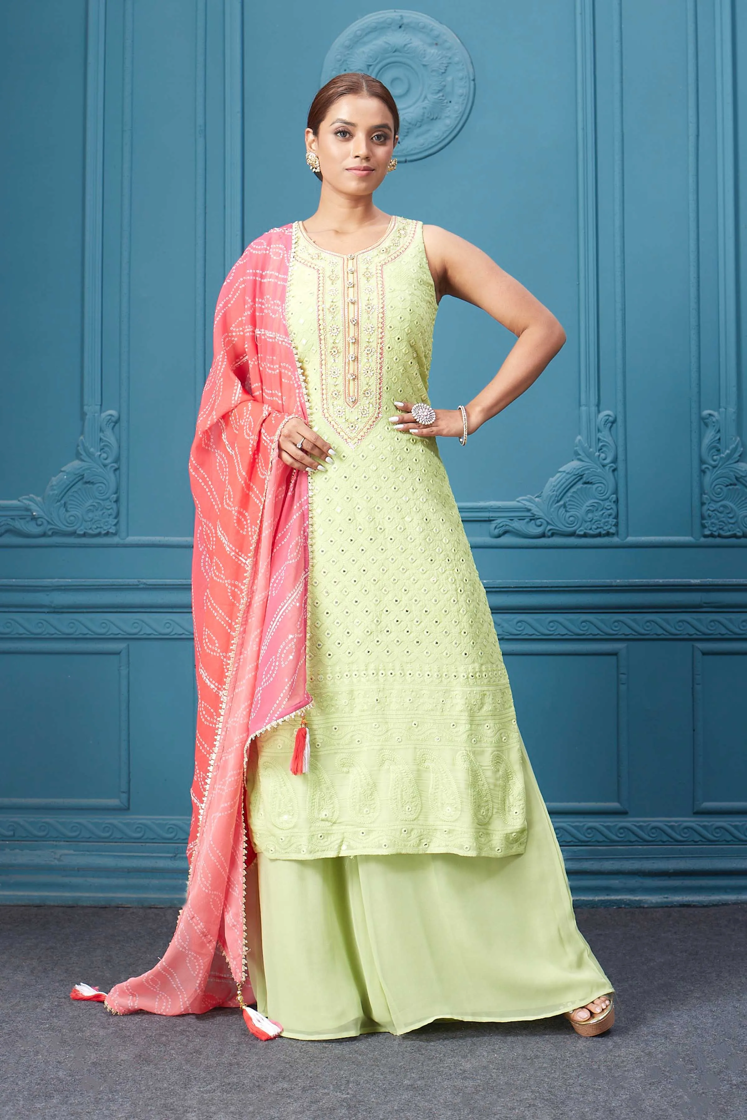 510028 Neon Green Suit Set With Bandhej Red Dupatta