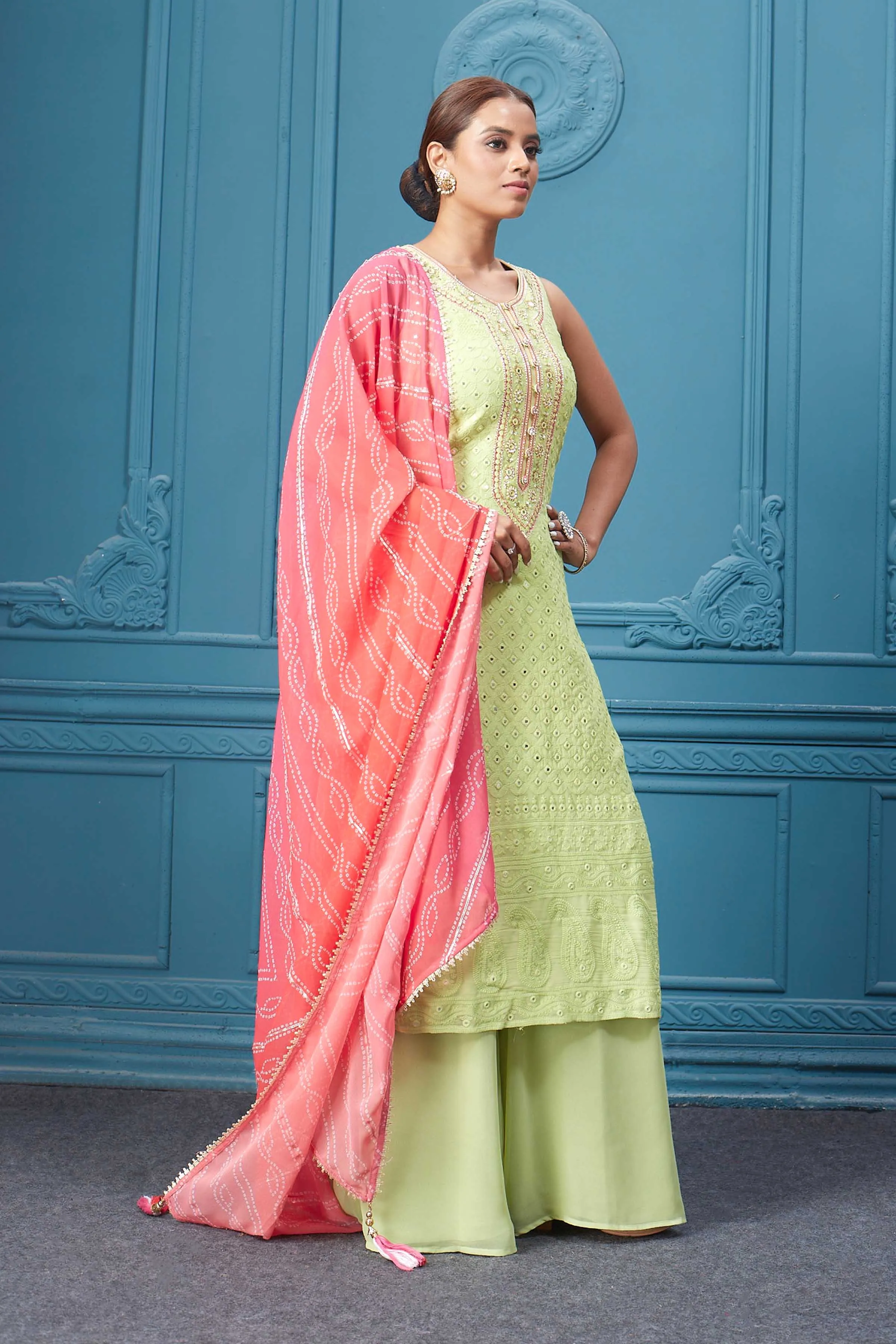 510028 Neon Green Suit Set With Bandhej Red Dupatta