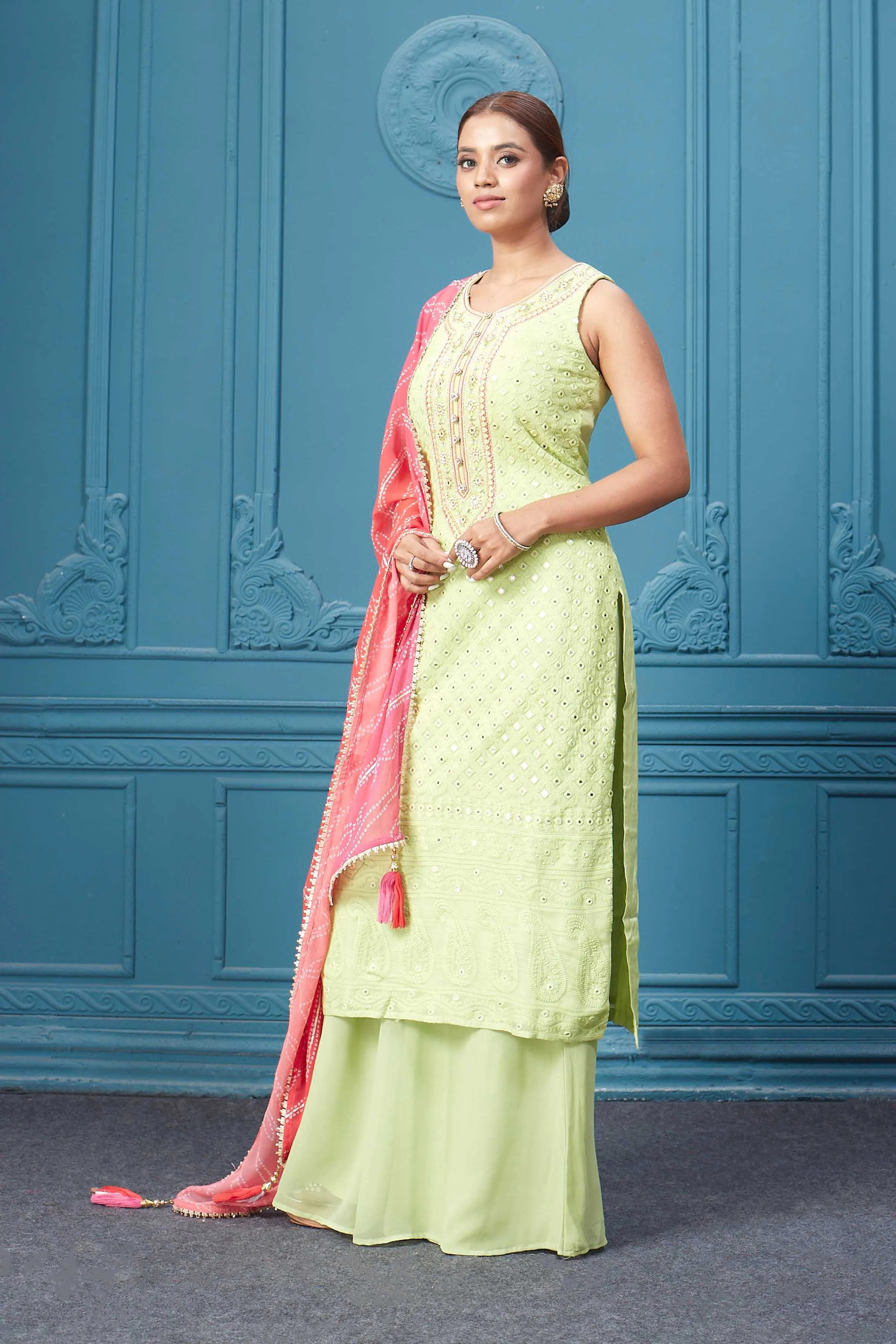 510028 Neon Green Suit Set With Bandhej Red Dupatta