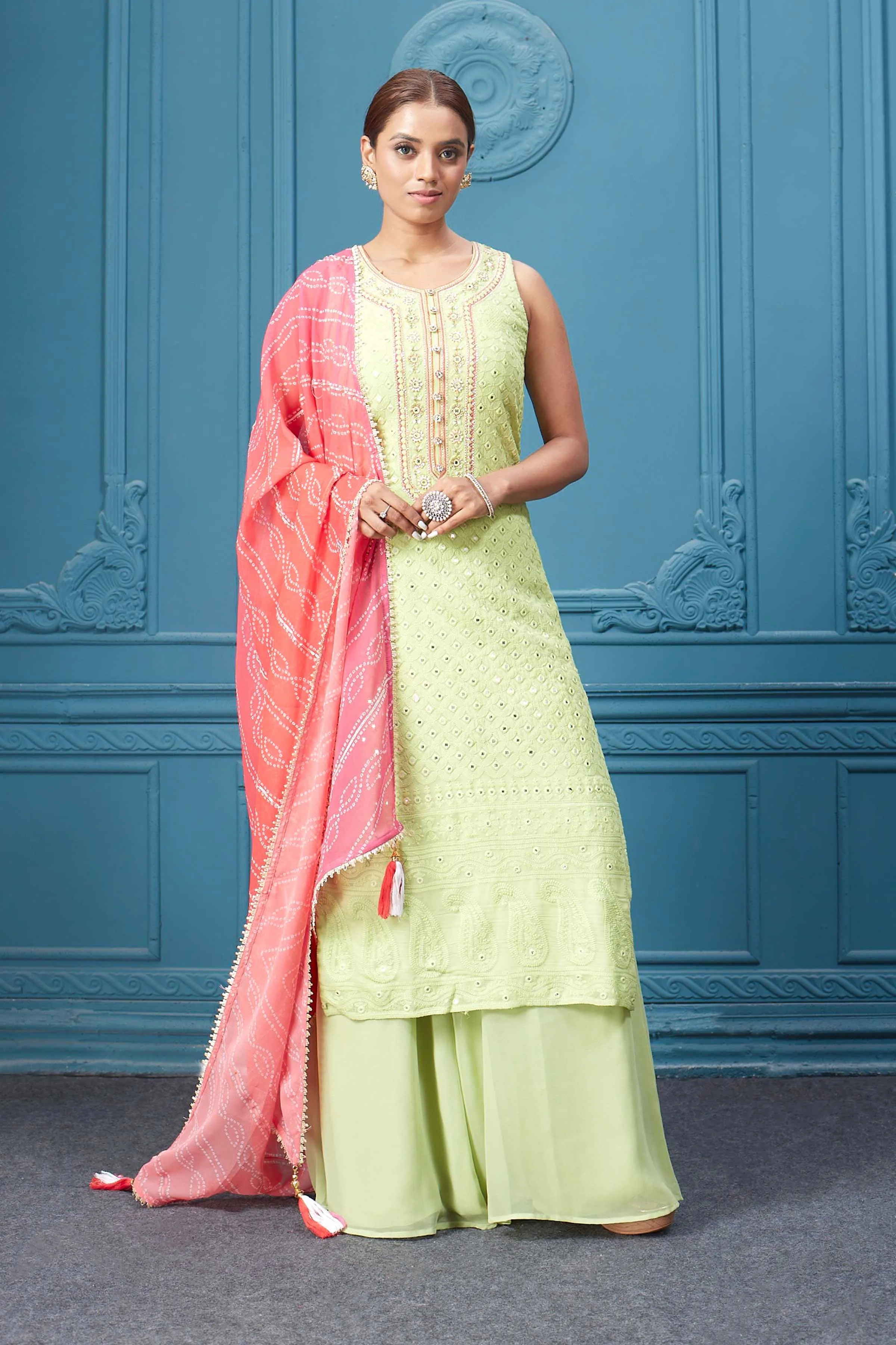 510028 Neon Green Suit Set With Bandhej Red Dupatta