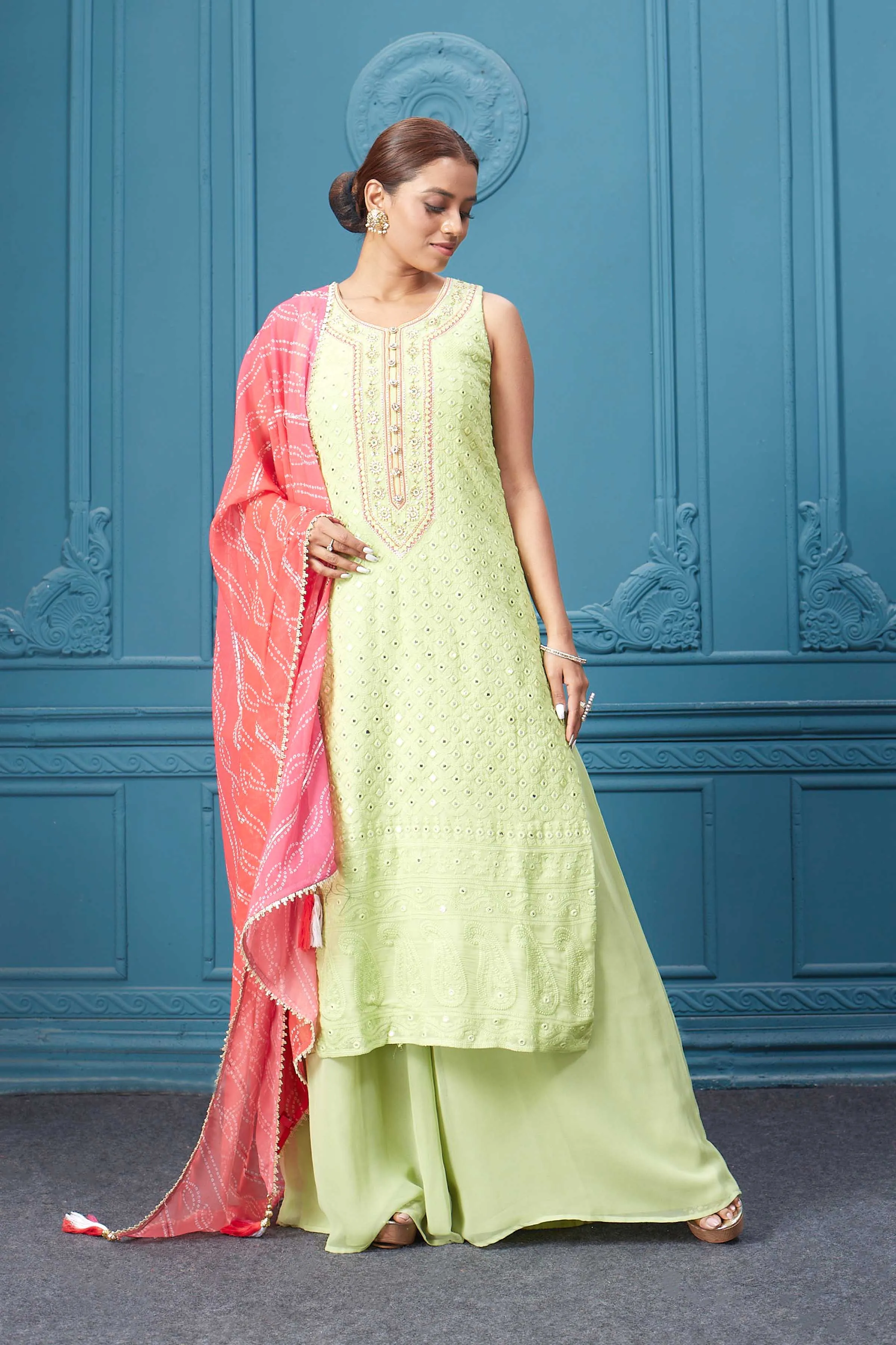 510028 Neon Green Suit Set With Bandhej Red Dupatta