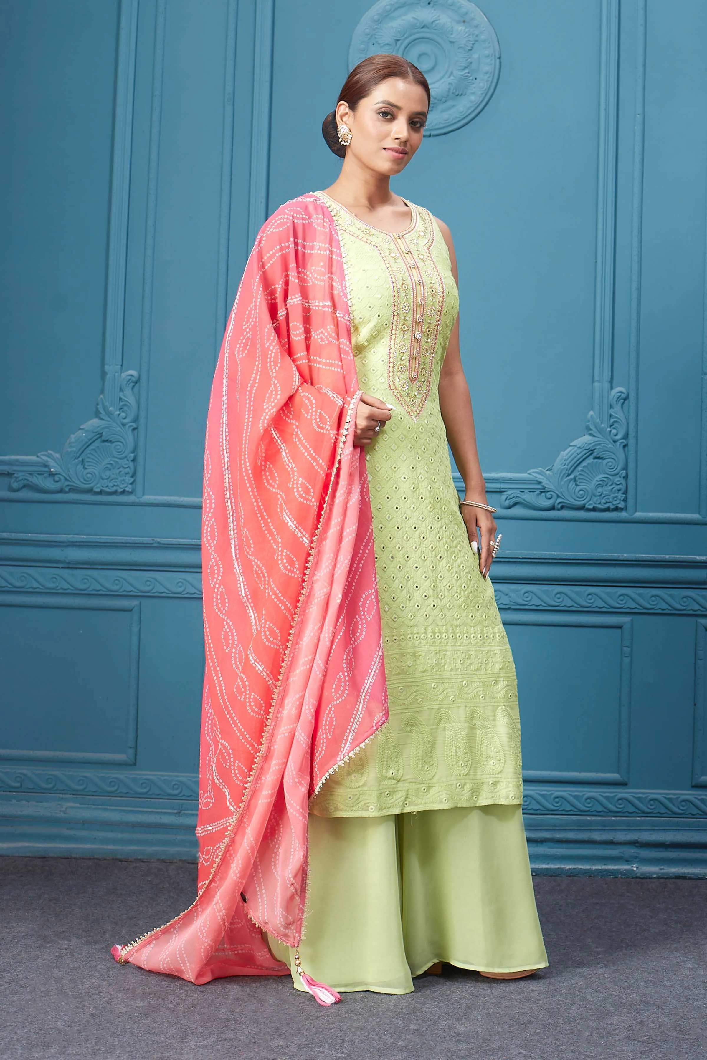 510028 Neon Green Suit Set With Bandhej Red Dupatta