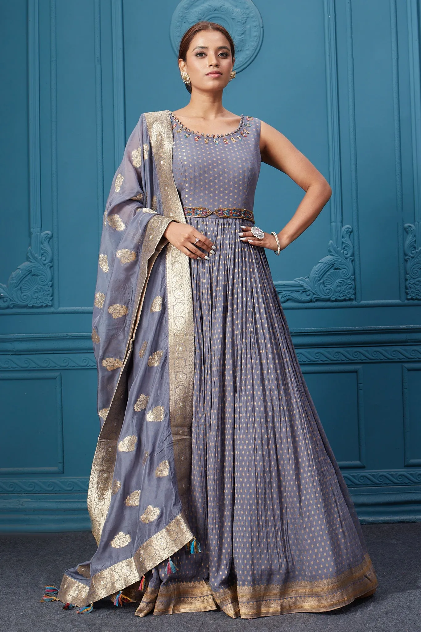 510039 Grey Full embroidered Anarkali Suit Set