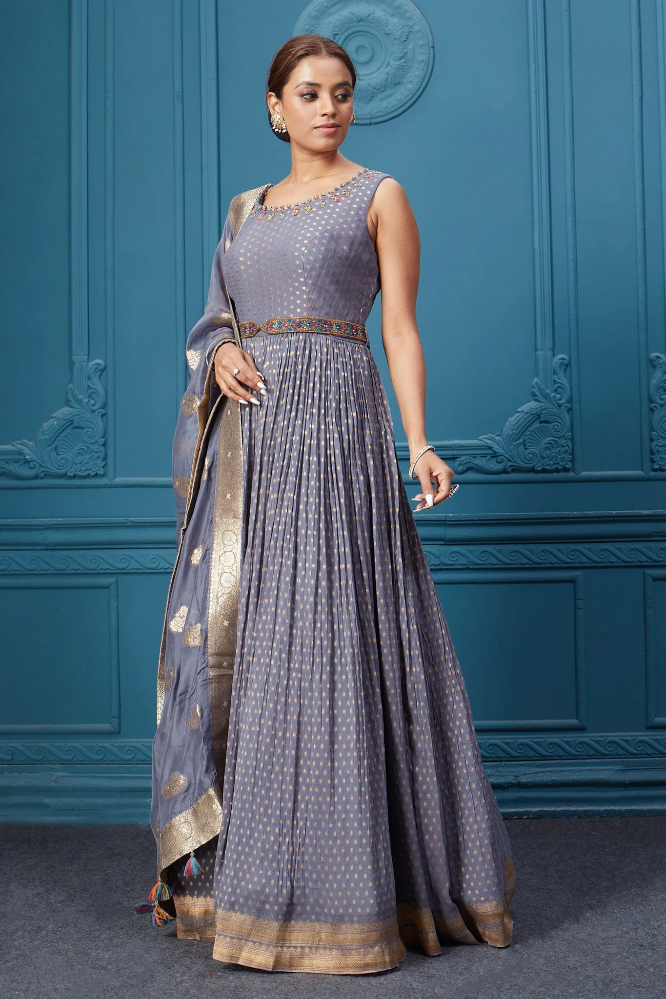 510039 Grey Full embroidered Anarkali Suit Set