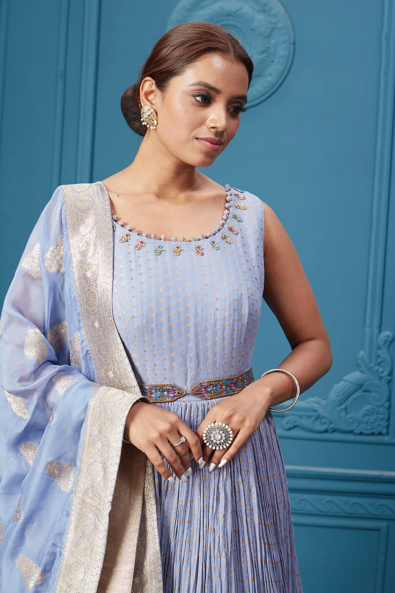 510040 Light Blue Belted Anarkali Suit Set