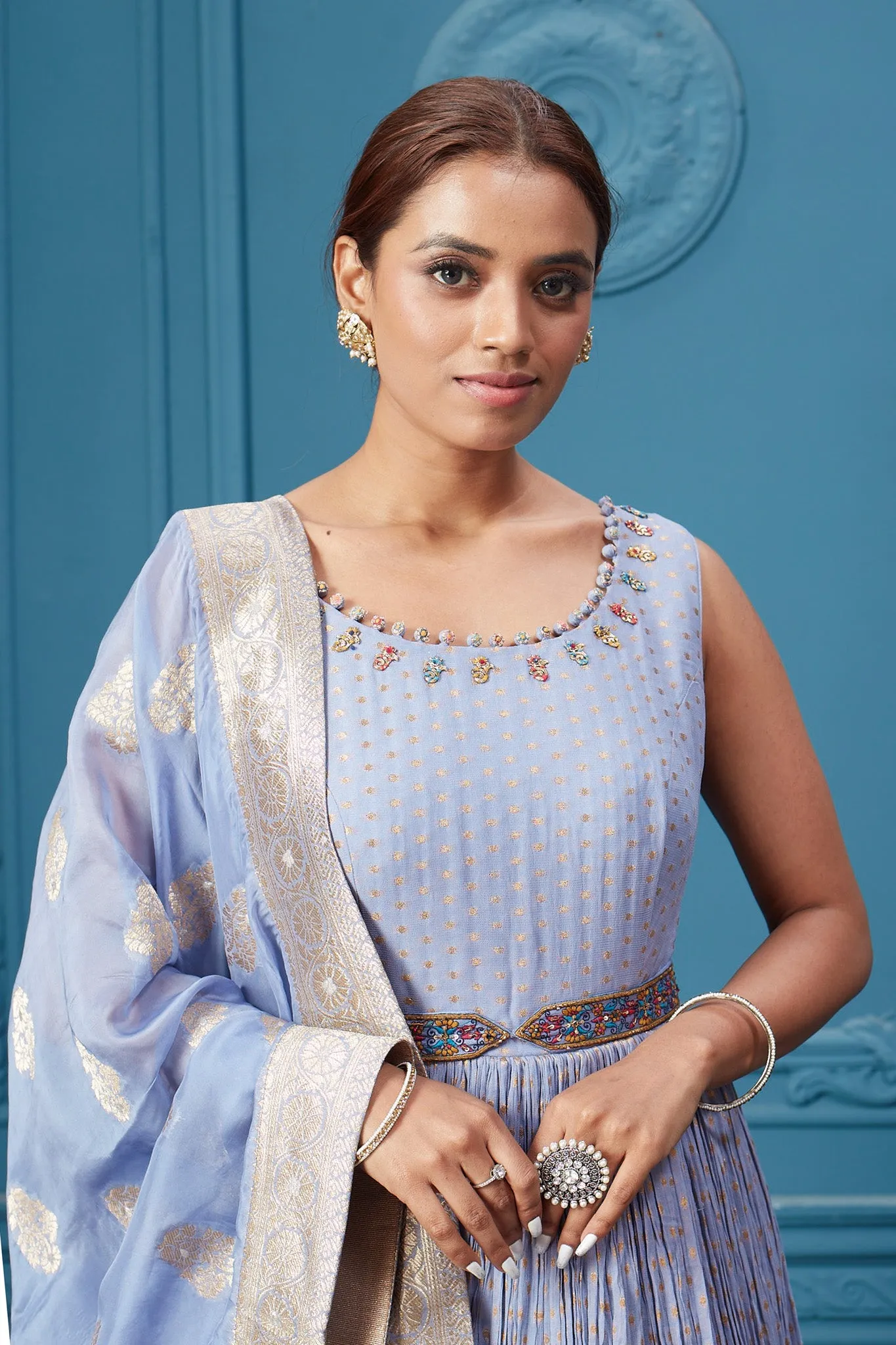 510040 Light Blue Belted Anarkali Suit Set