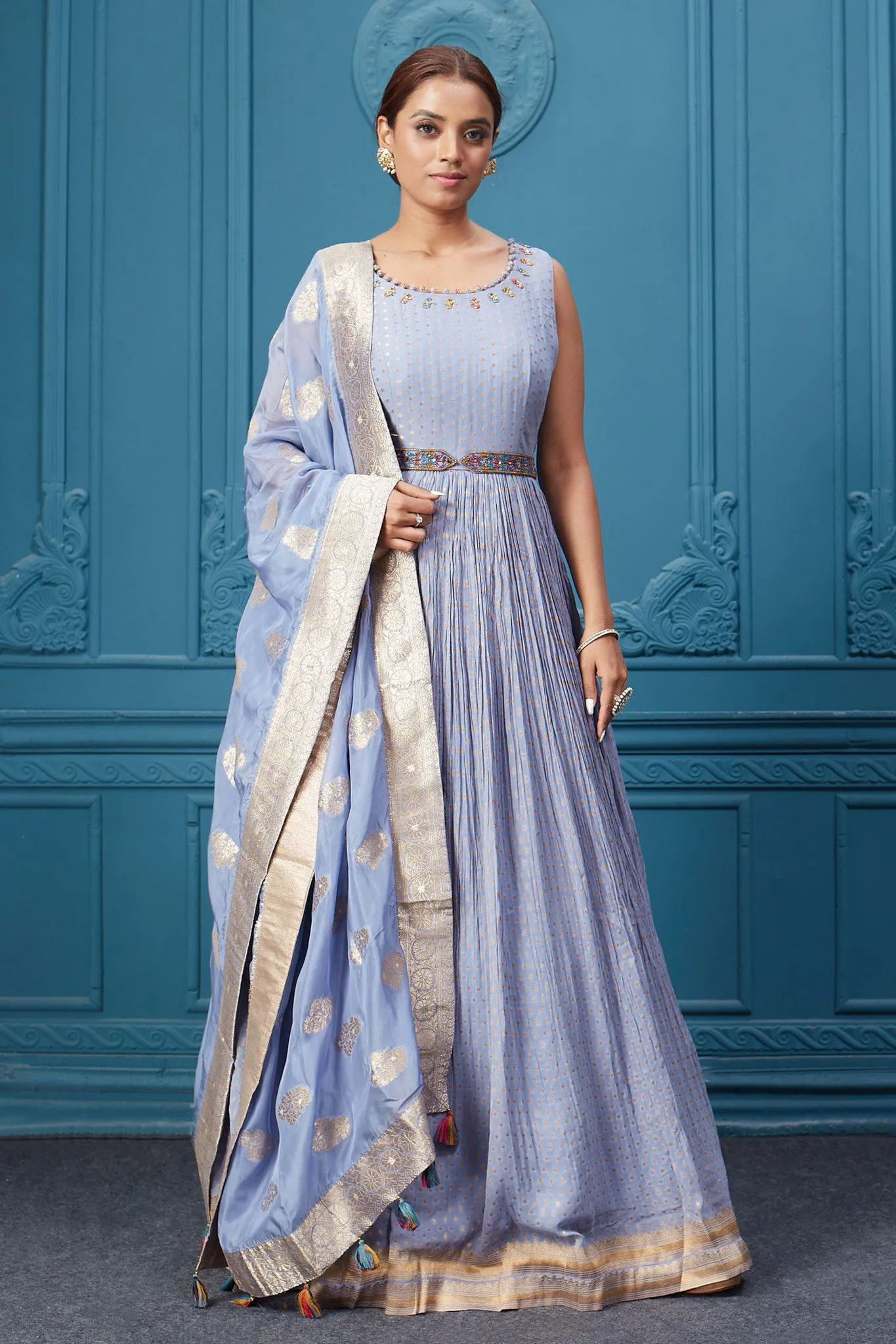 510040 Light Blue Belted Anarkali Suit Set