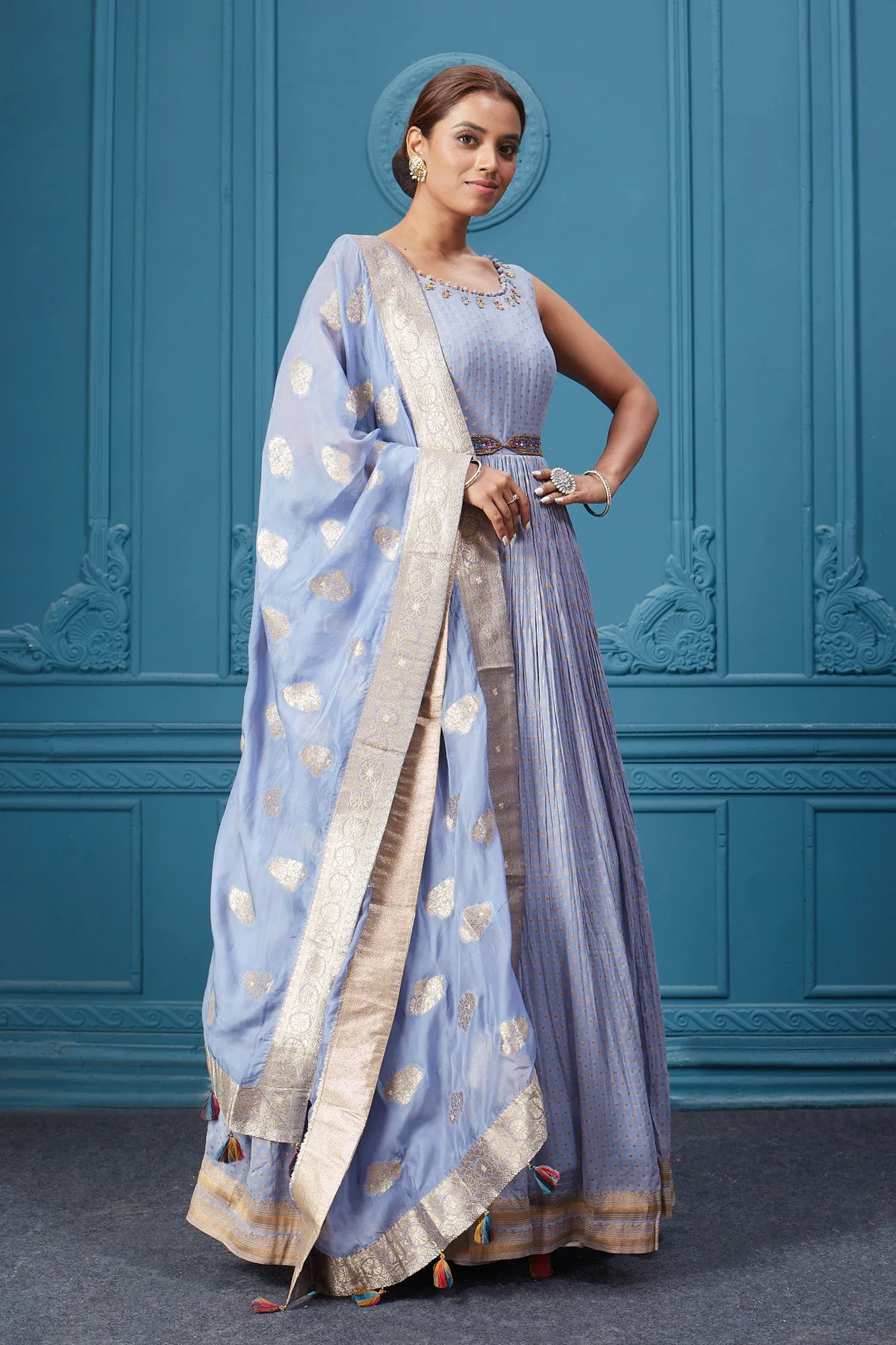 510040 Light Blue Belted Anarkali Suit Set