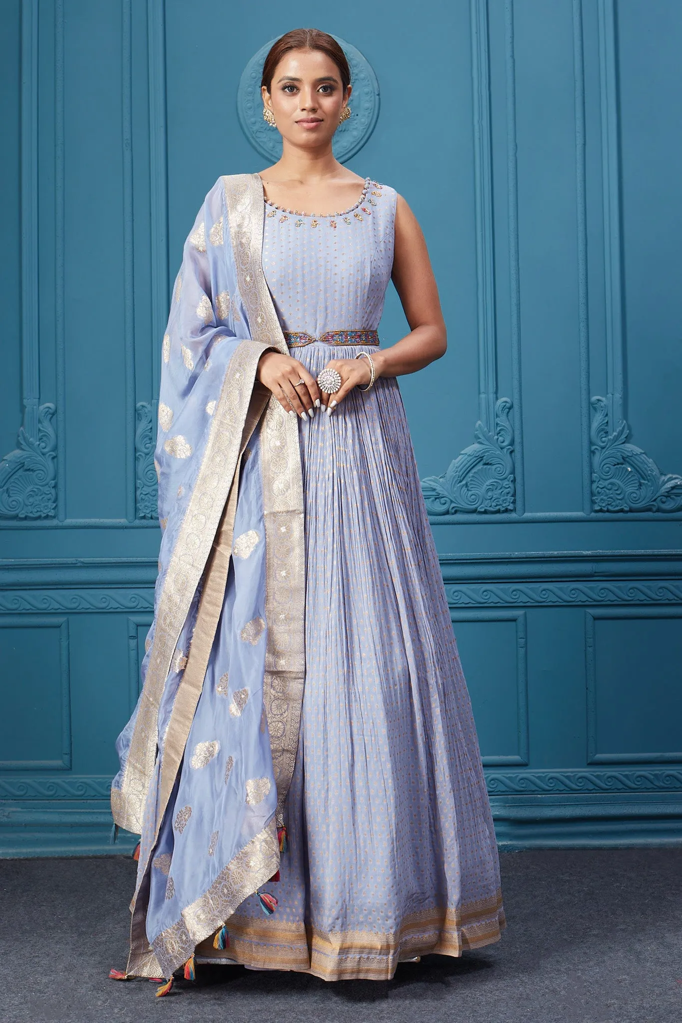 510040 Light Blue Belted Anarkali Suit Set