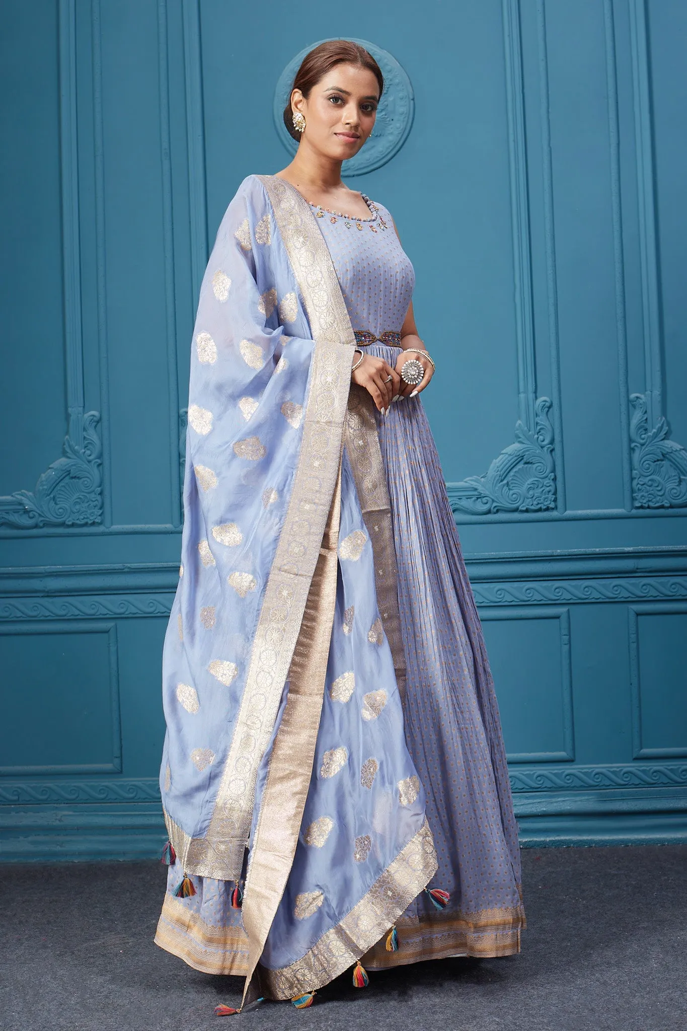 510040 Light Blue Belted Anarkali Suit Set