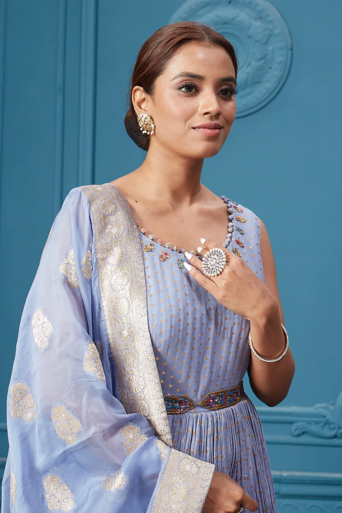 510040 Light Blue Belted Anarkali Suit Set