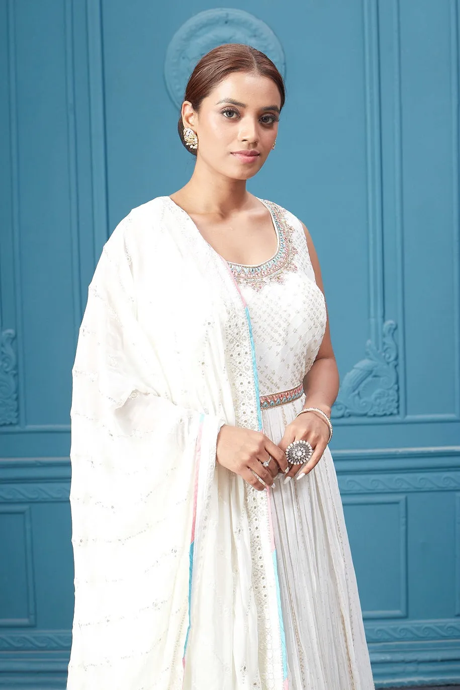 510041 White Embroidered Anarkali Suit Set