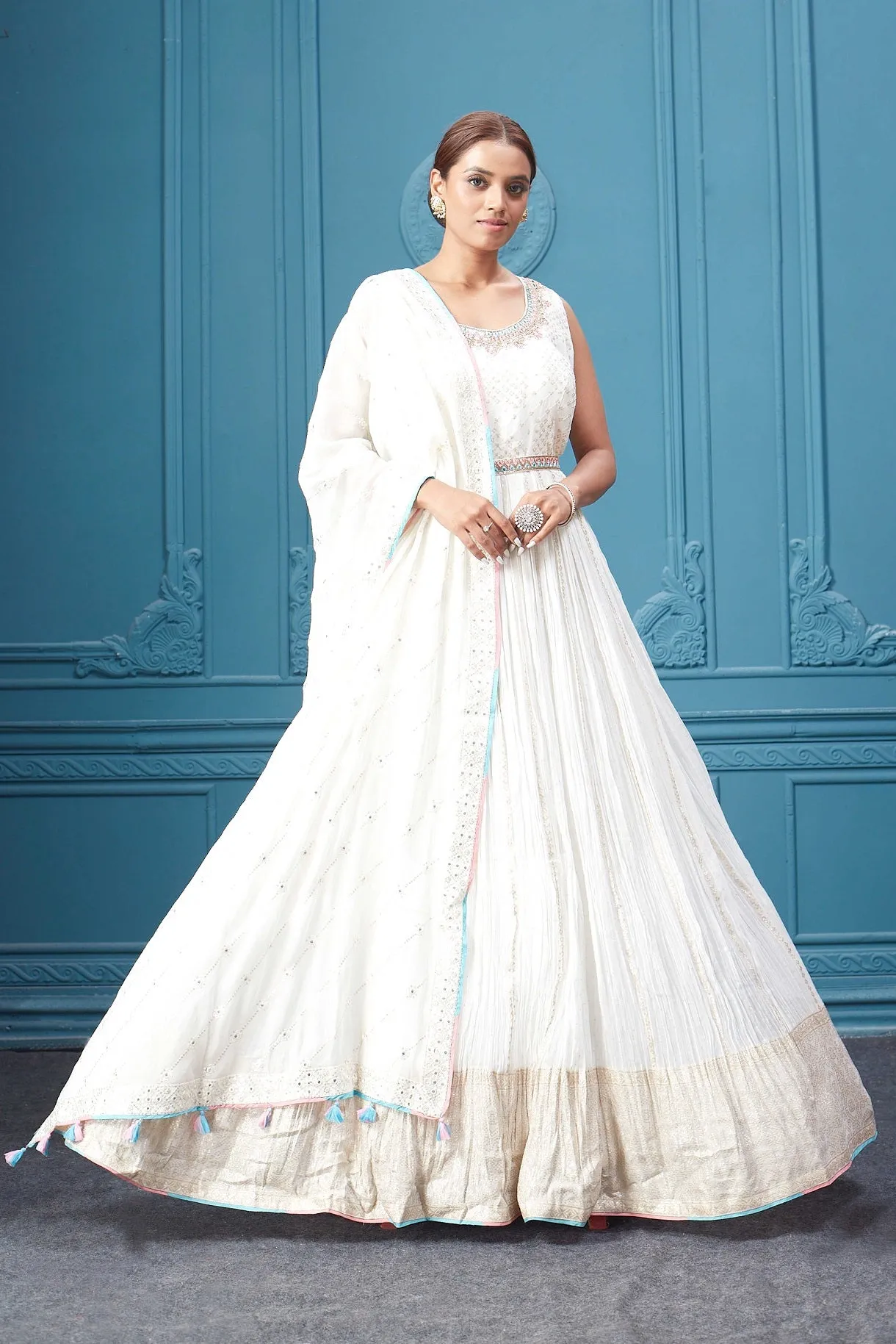 510041 White Embroidered Anarkali Suit Set