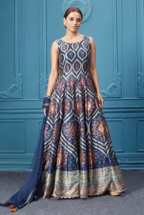 510042 Navy Multiprinted Embroidered Anarkali Suit Set