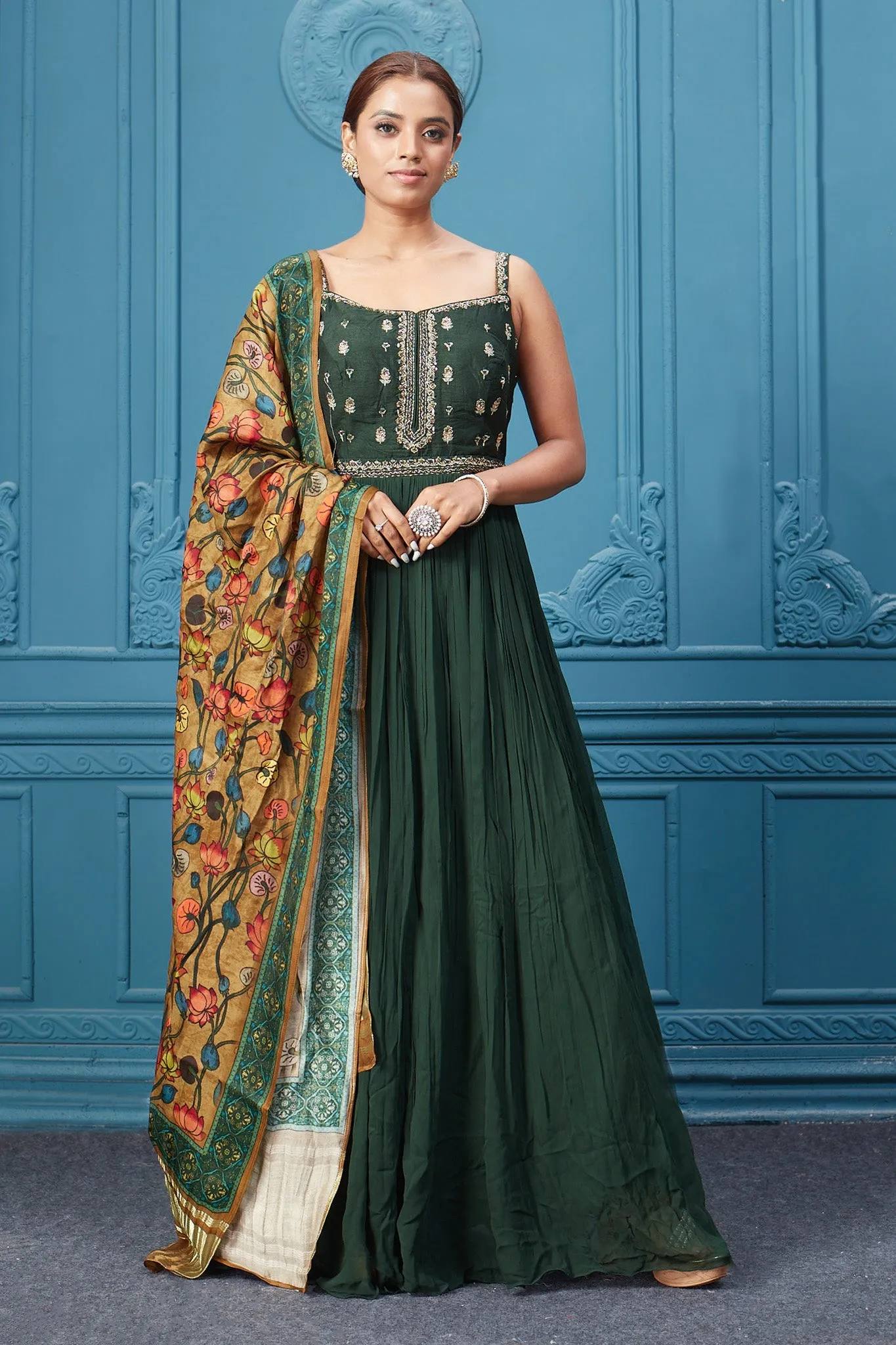 510043 Dark Green Anarkali Suit Set With Floral Dupatta