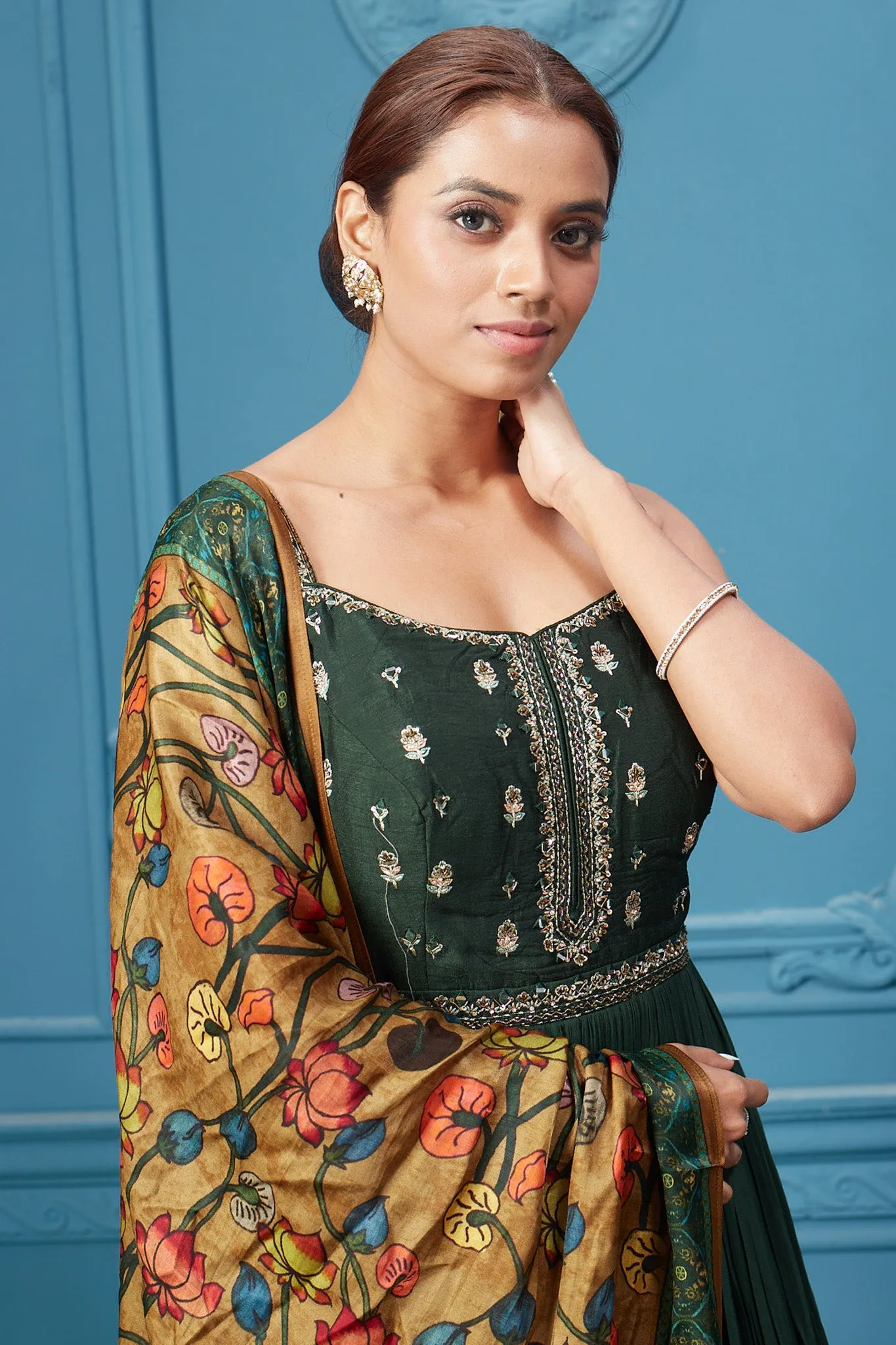 510043 Dark Green Anarkali Suit Set With Floral Dupatta