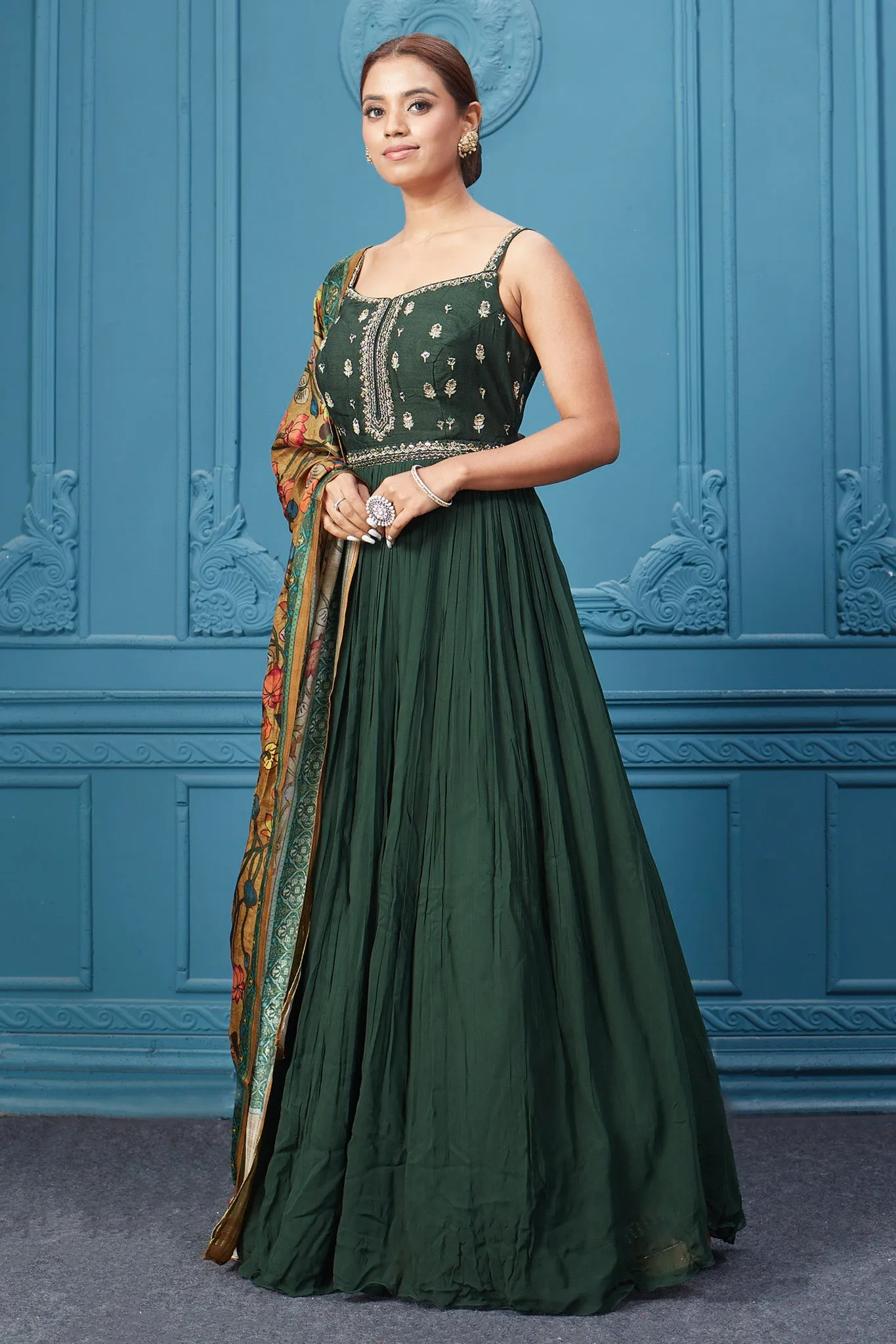 510043 Dark Green Anarkali Suit Set With Floral Dupatta