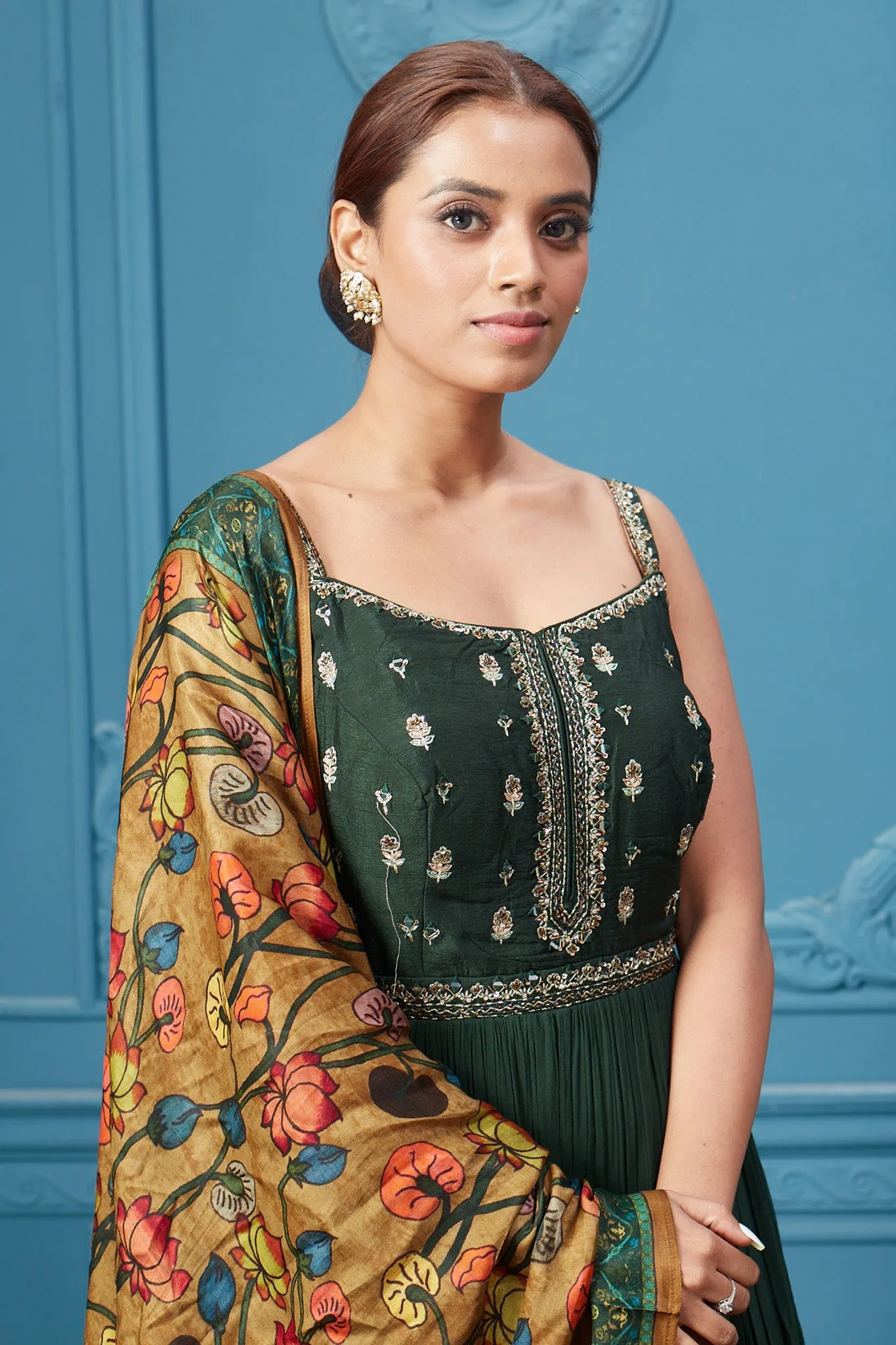 510043 Dark Green Anarkali Suit Set With Floral Dupatta