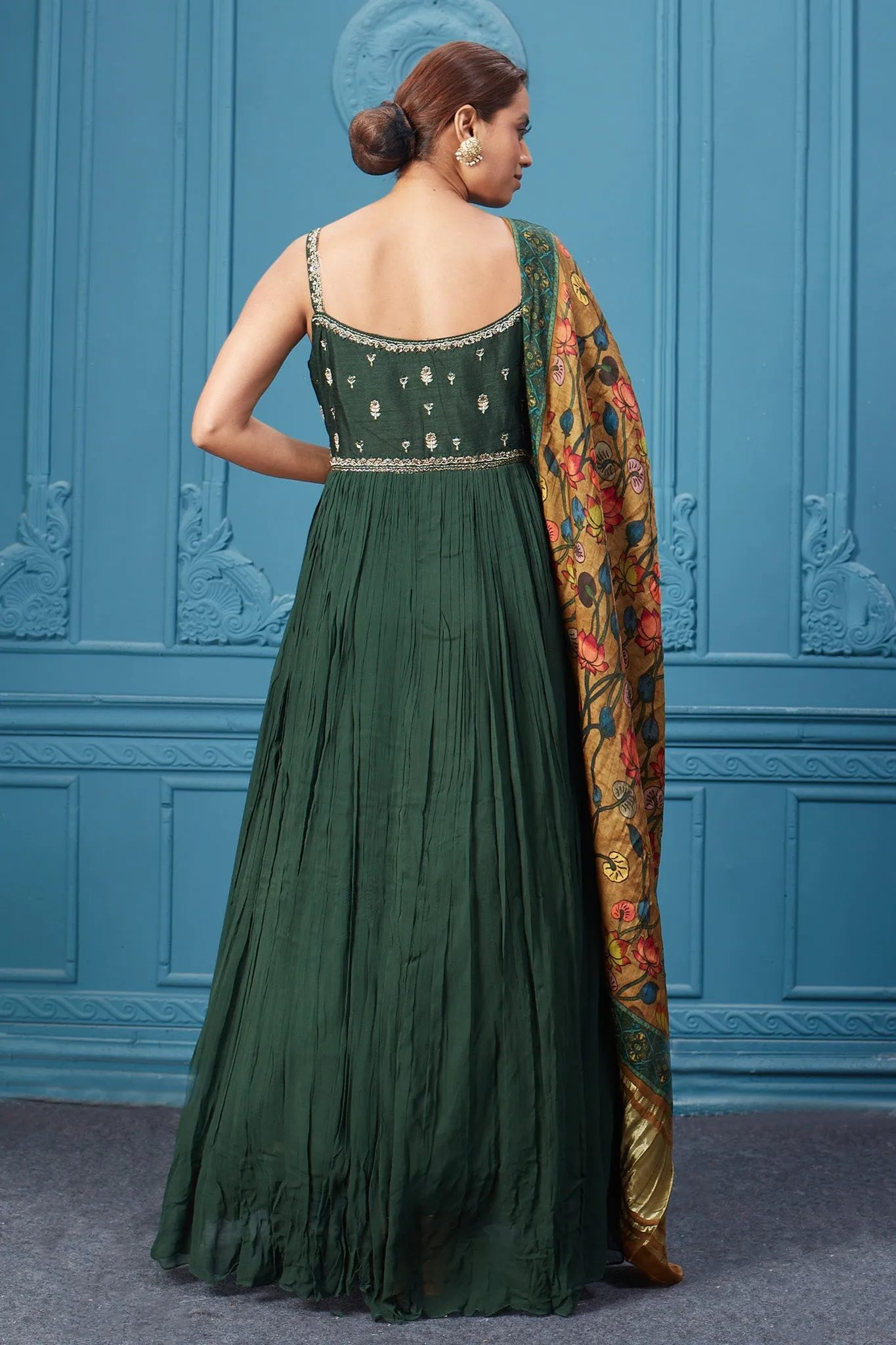 510043 Dark Green Anarkali Suit Set With Floral Dupatta