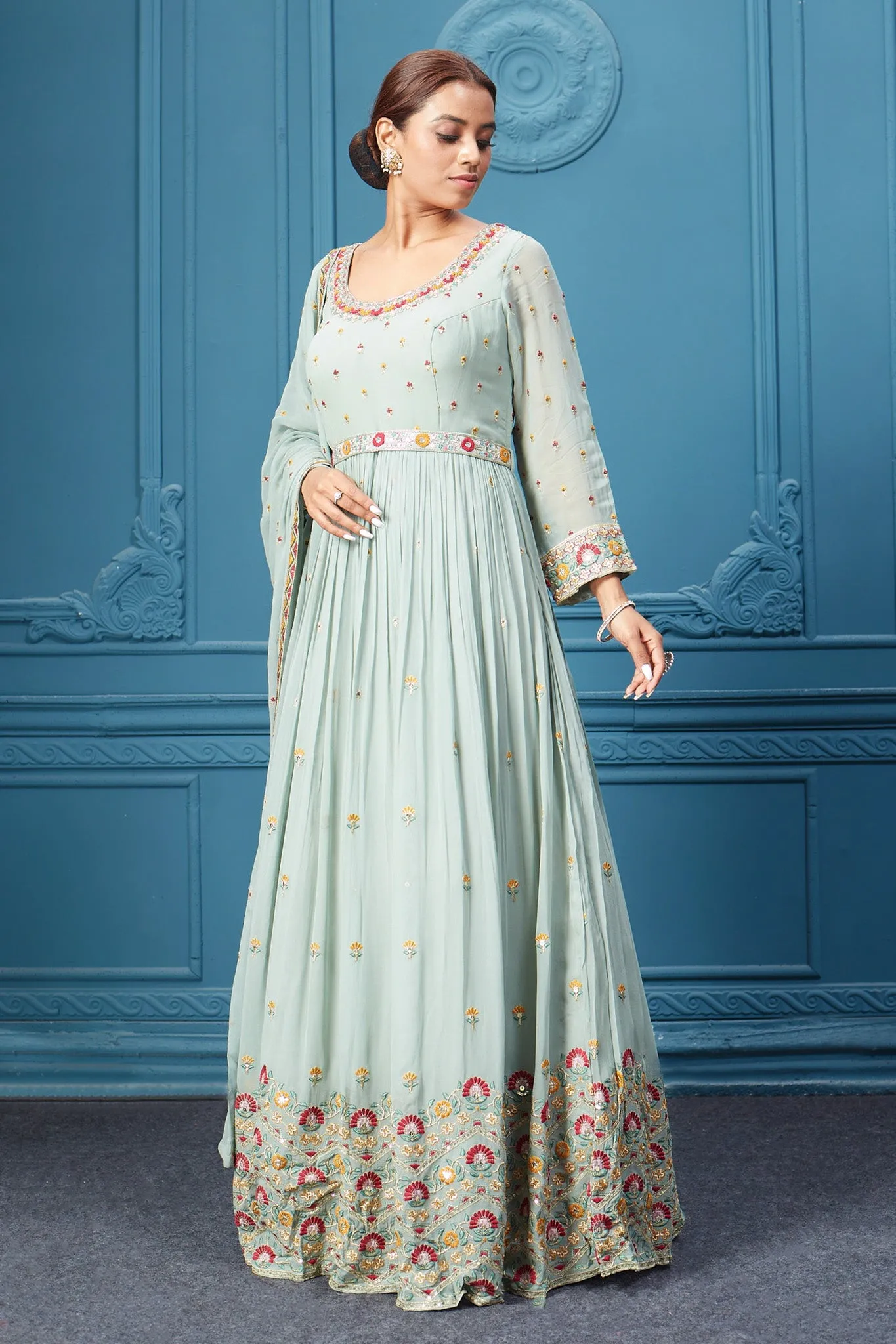 510045 Pastel Green Anarkali Suit Set With Dupatta