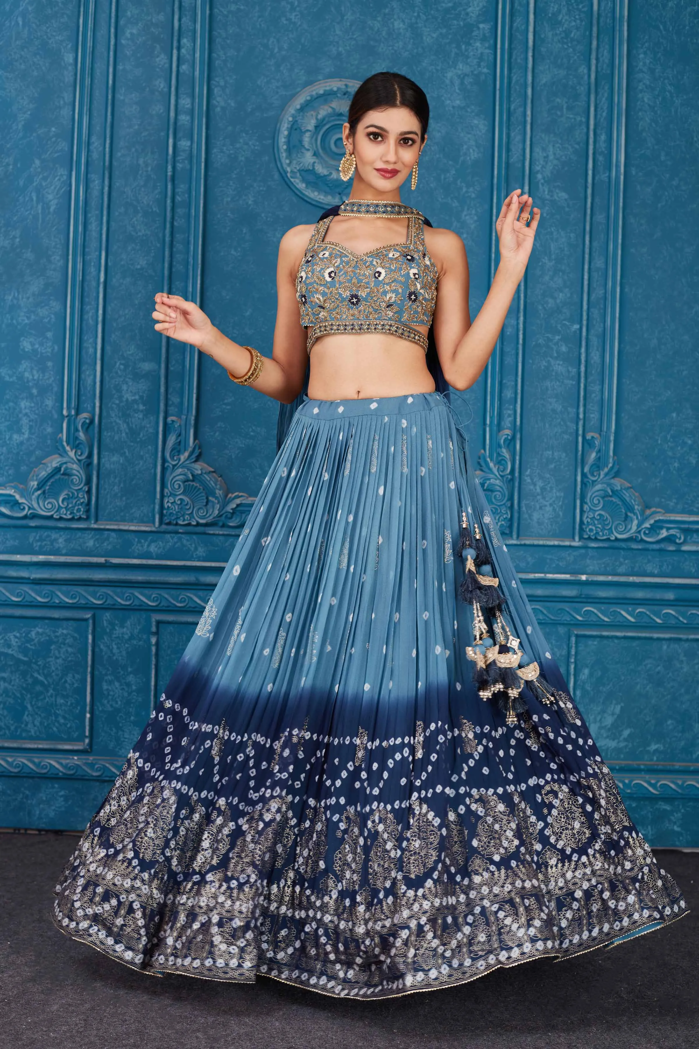 510080 Ombre Blue Embroidered Georgette Lehenga with Dupatta