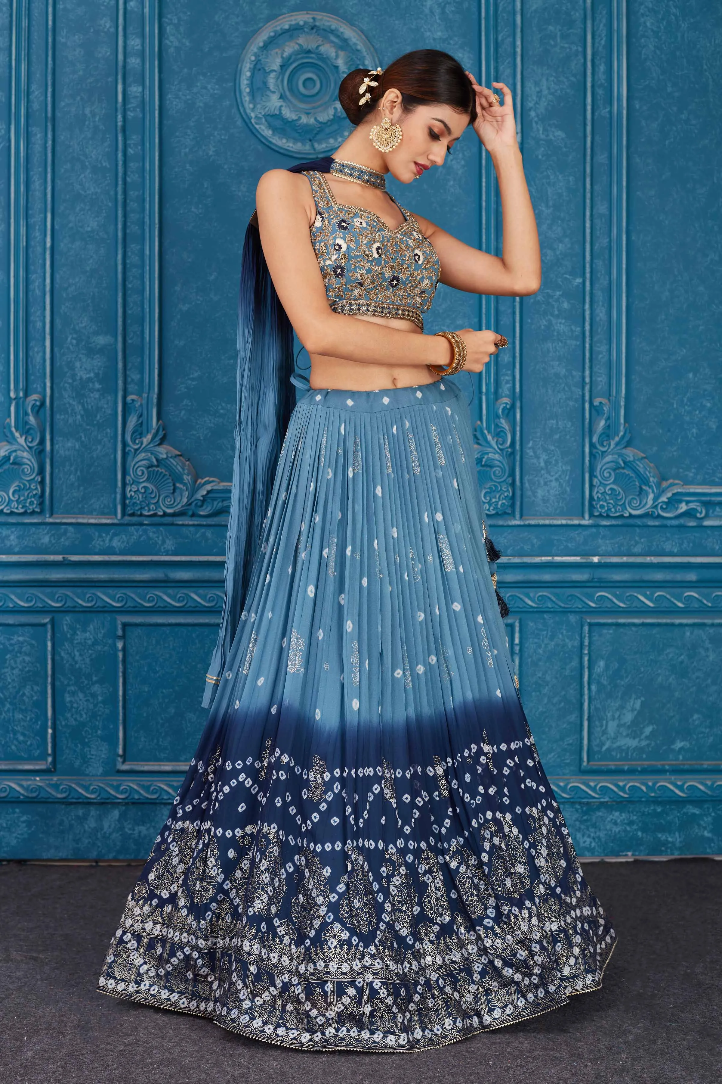 510080 Ombre Blue Embroidered Georgette Lehenga with Dupatta