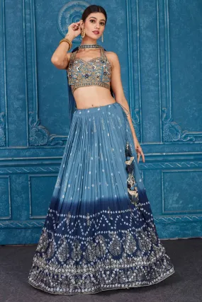 510080 Ombre Blue Embroidered Georgette Lehenga with Dupatta