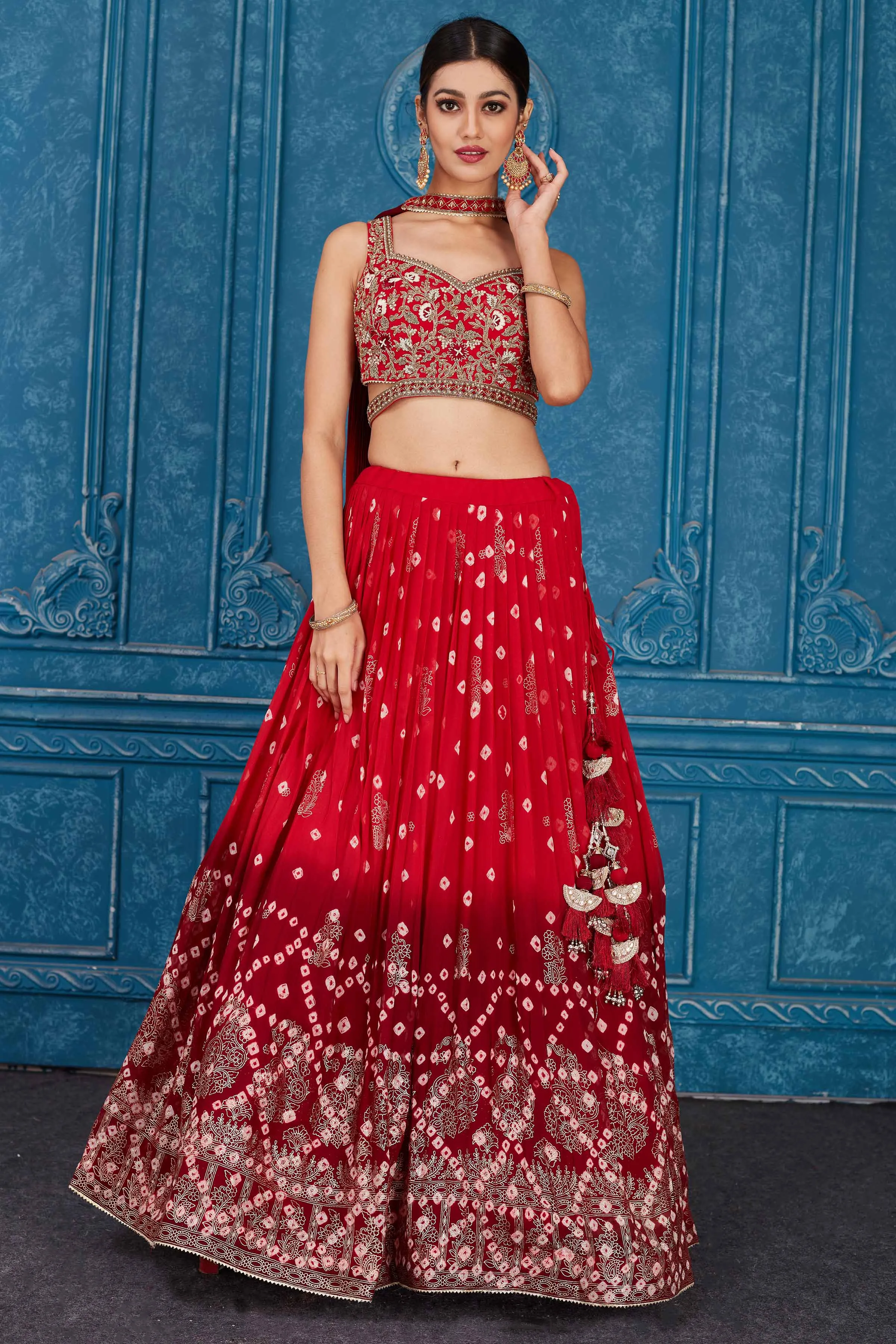 510081 Ombre Red Embroidered Georgette Lehenga with Dupatta